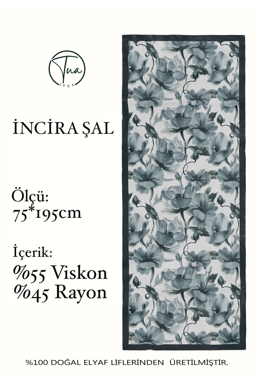 Organic Viscose İpeği İNCİRA ŞAL - Çiçek Desenli - Antrasit Gri