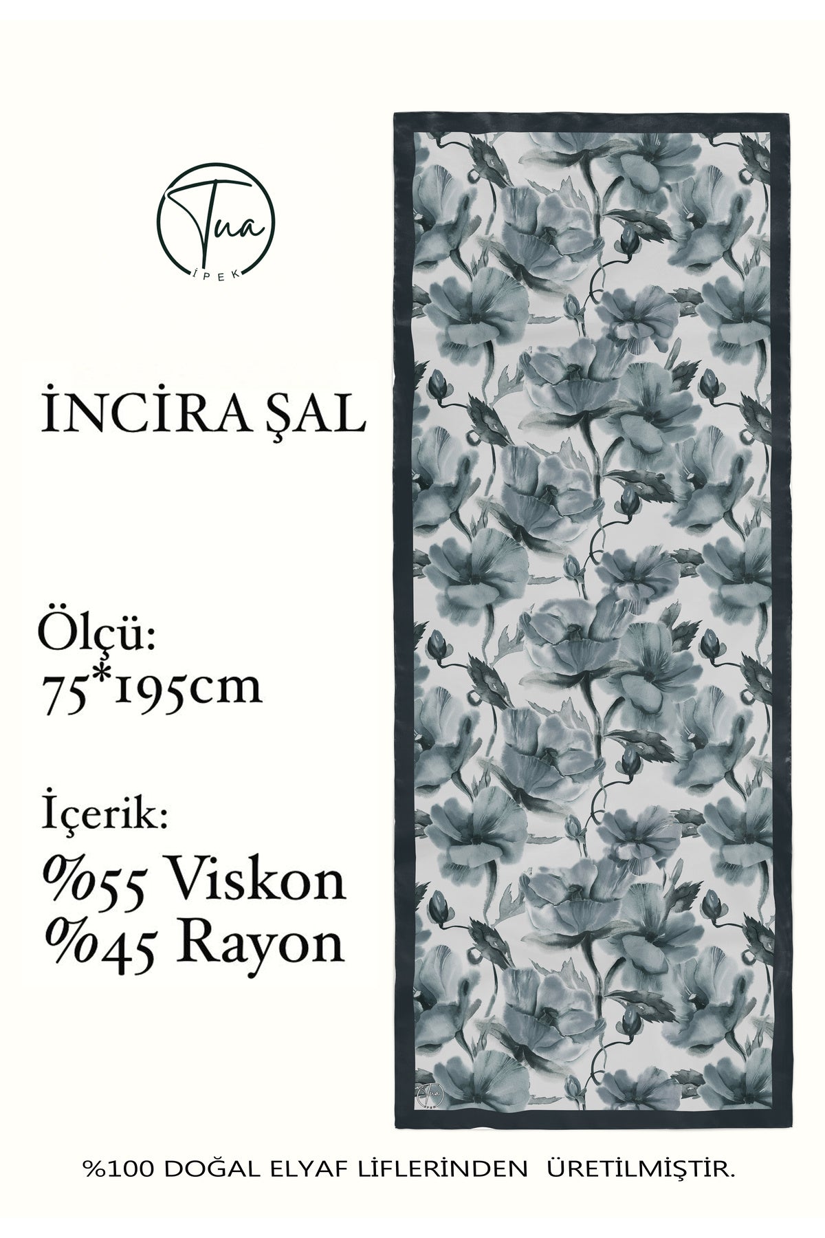 Organic Viscose İpeği İNCİRA ŞAL - Çiçek Desenli - Antrasit Gri