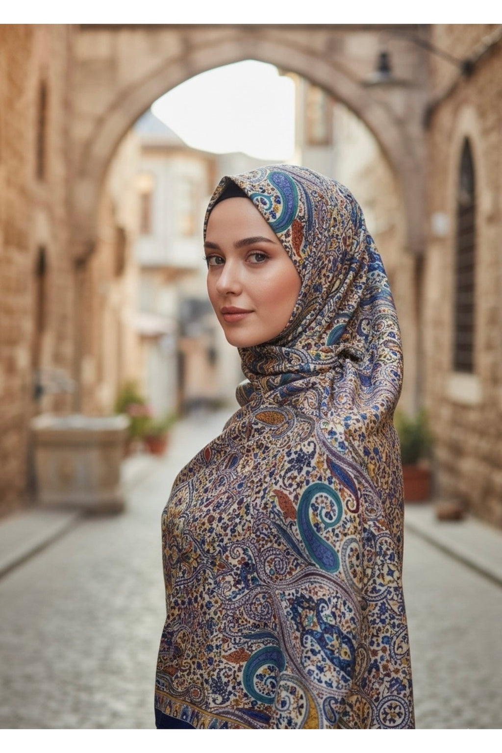 İNCİRA Organic Floş Viskon ŞAL - Etnik Çiçek Desenli - Saks Mavi