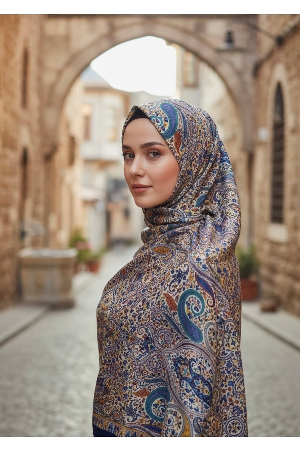 İNCİRA Organic Floş Viskon ŞAL - Etnik Çiçek Desenli - Saks Mavi