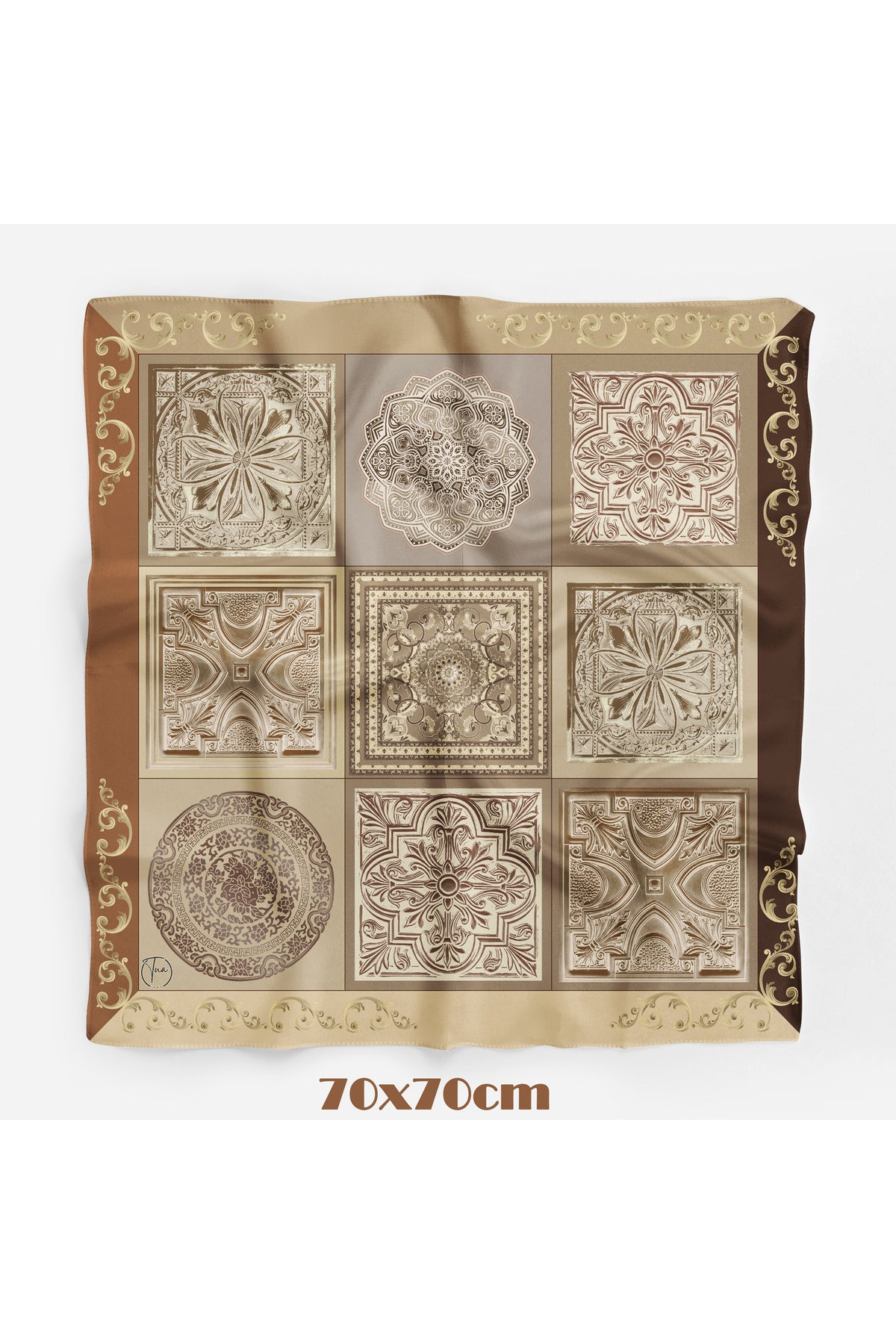 Çini Sırrı Desen 70*70cm Bandana/Fular - Kahverengi