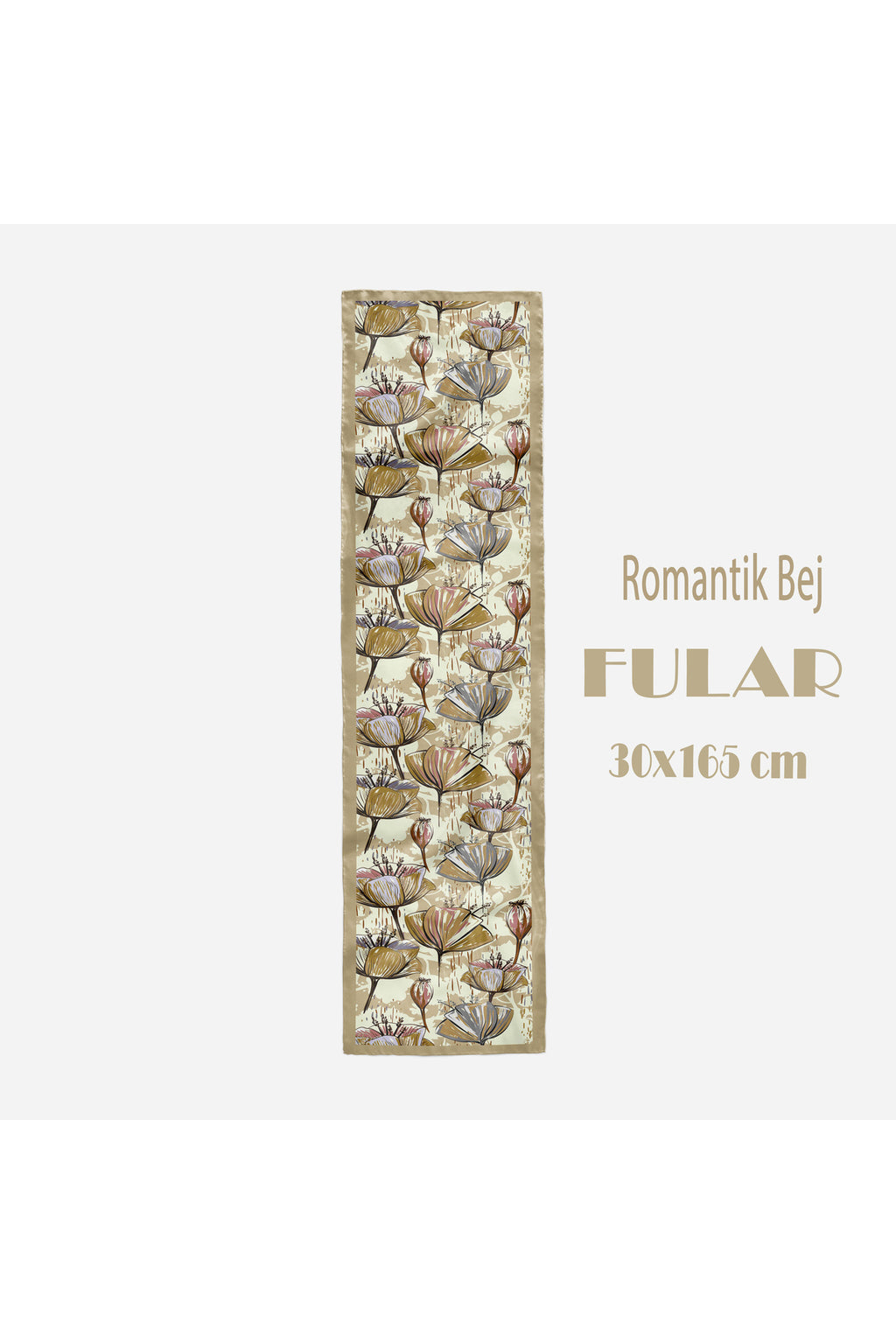 Romantik Bej Desen Kadın Saten Fular 30x165cm - görsel 2