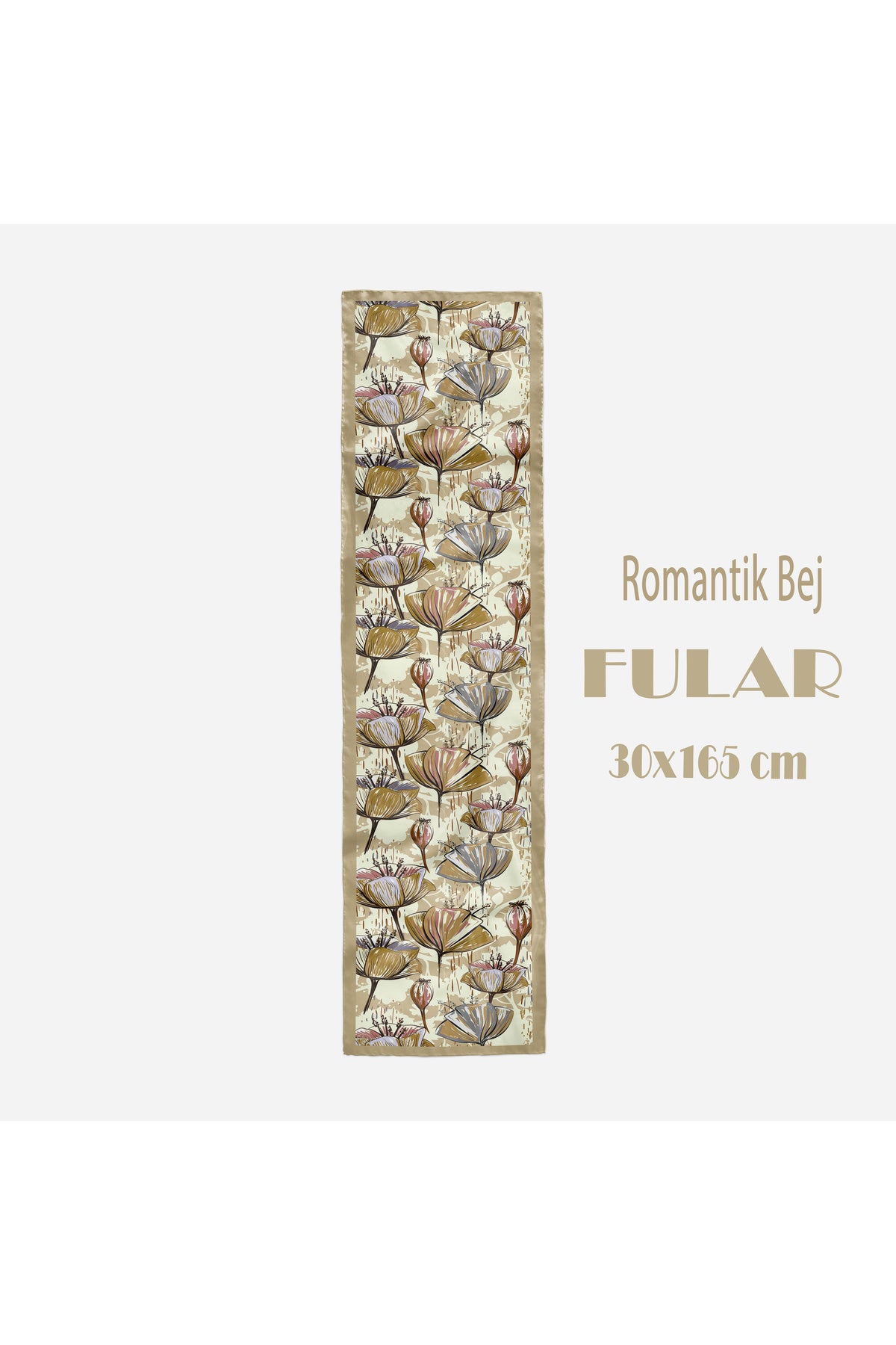 Romantik Bej Desen Kadın Saten Fular 30x165cm - görsel 2