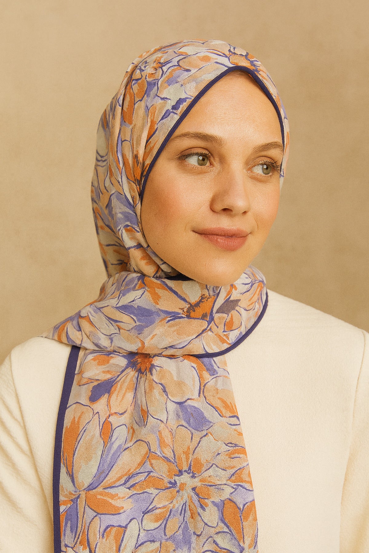 Flower Desen Fransız İpeği Şal 70x180cm - Mor-Kiremit