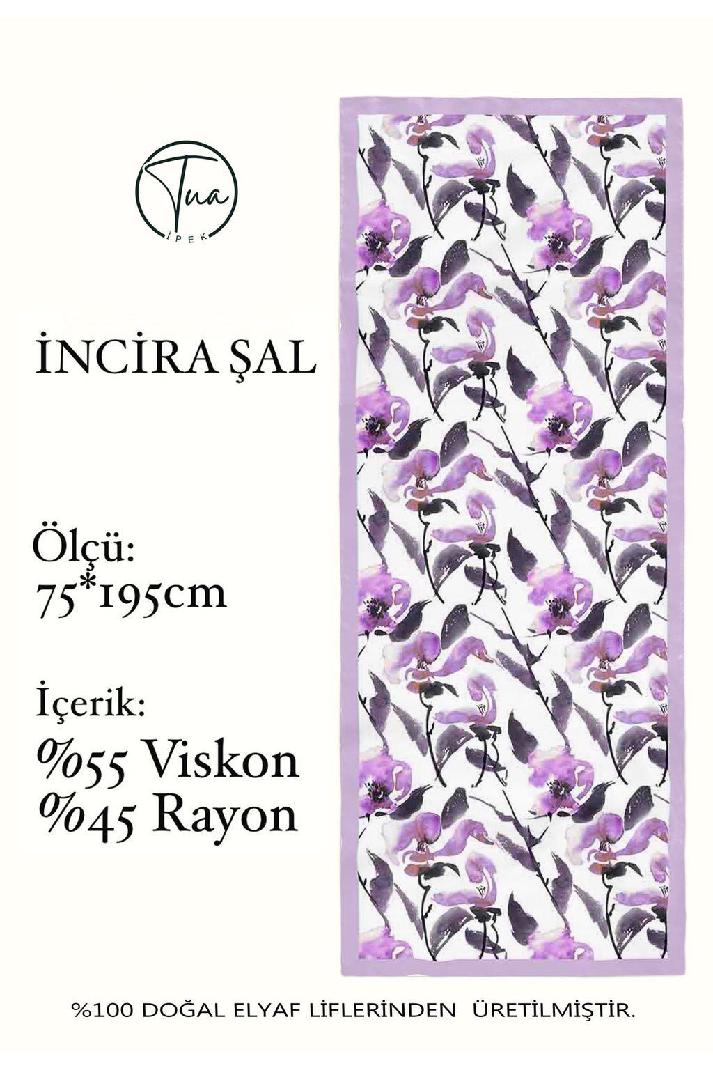 Organic Viscose İpeği İNCİRA ŞAL - FLoral Desenli - LİLA