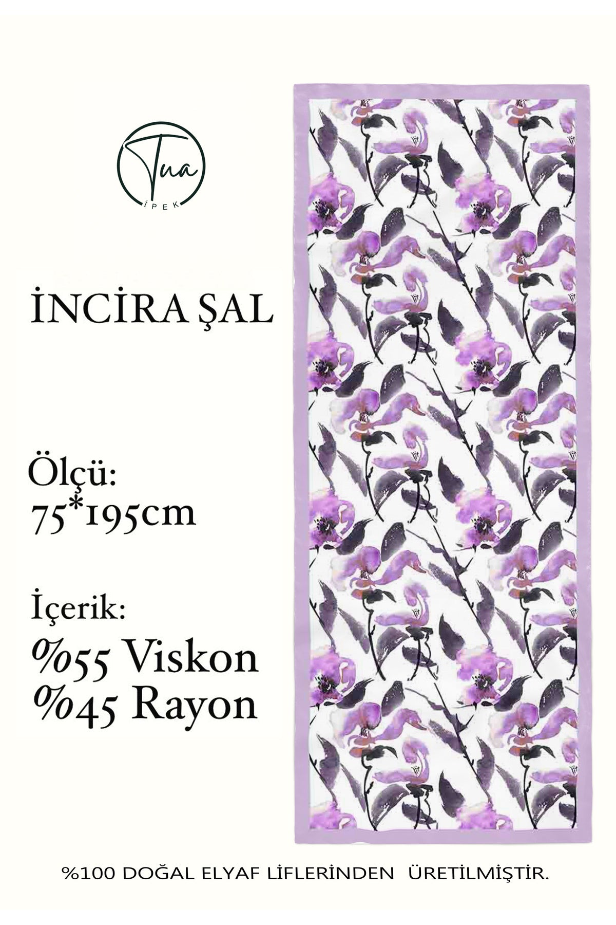 Organic Viscose İpeği İNCİRA ŞAL - FLoral Desenli - LİLA