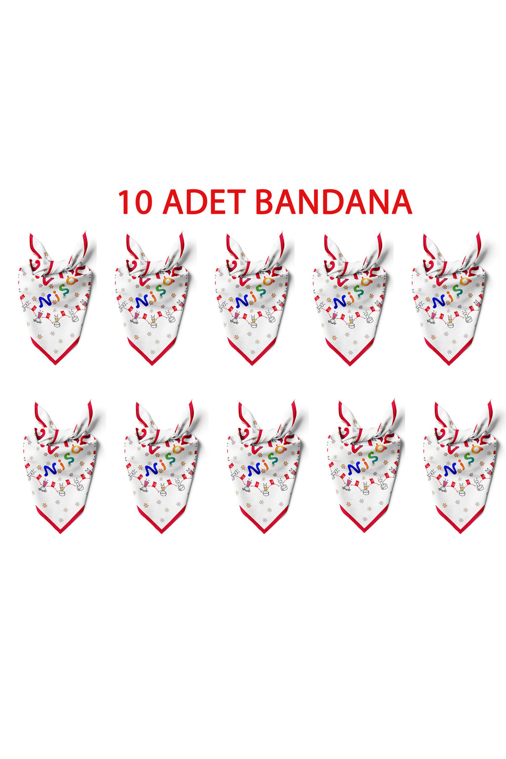 10'LU Paket 23 NİSAN TEMALI Desen Bandana/Fular - Kırmızı