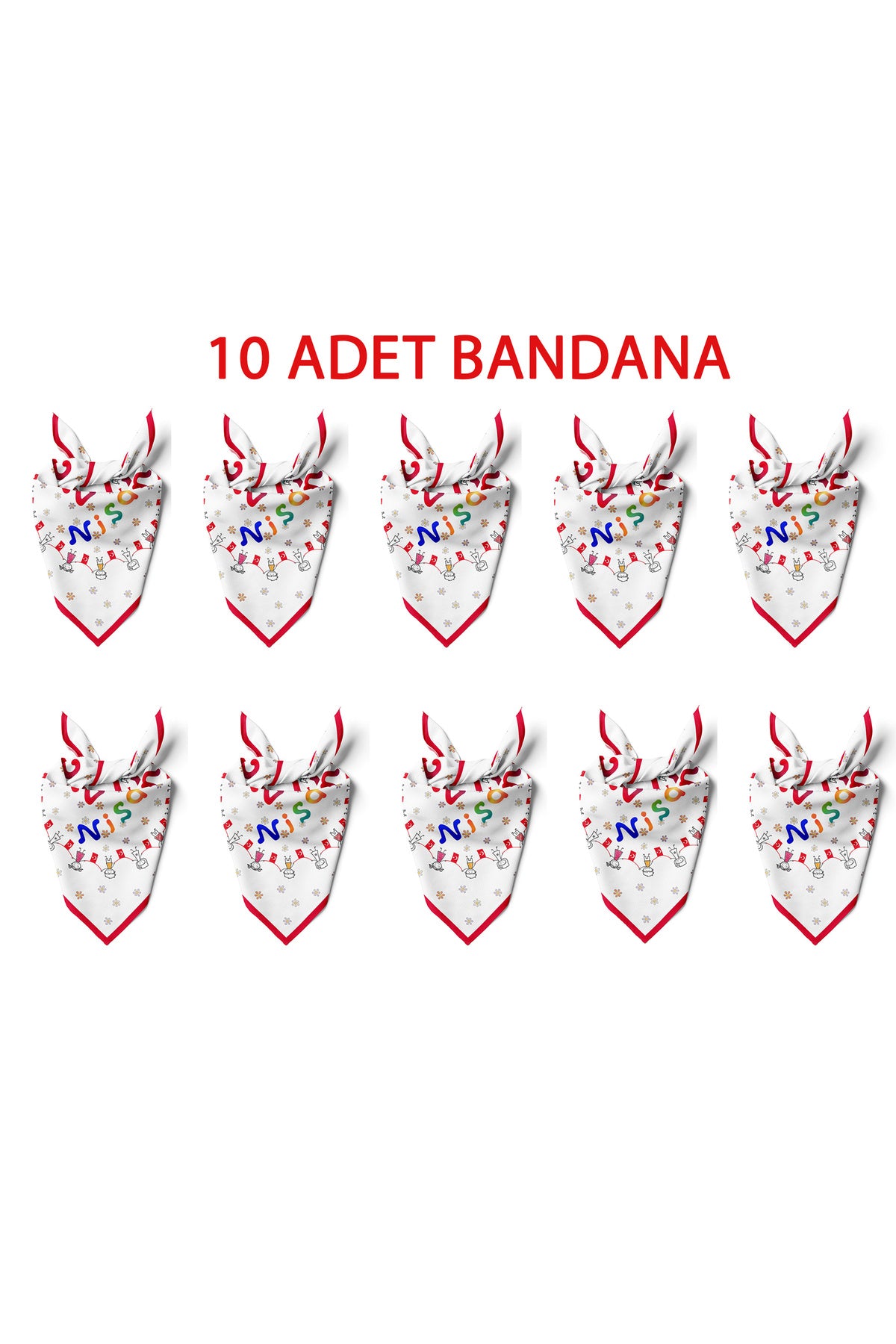 10'LU Paket 23 NİSAN TEMALI Desen Bandana/Fular - Kırmızı