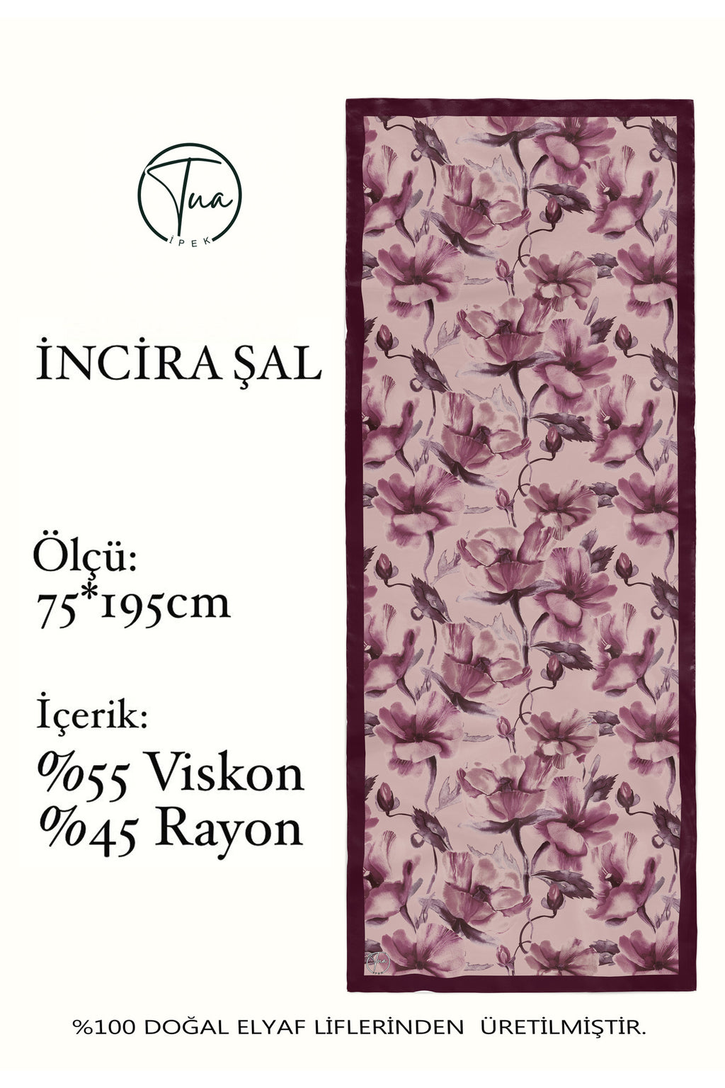 Organic Viscose İpeği İNCİRA ŞAL - Çiçek Desenli - Soft Mürdüm