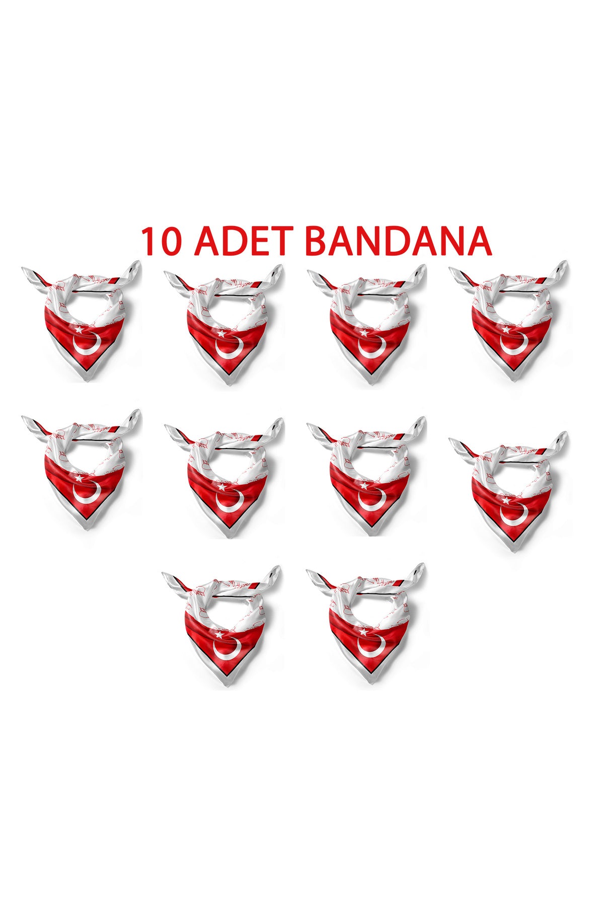 10'LU Paket K.Atatürk İmzalı Türk Bayrağı Desen Bandana/Fular - Kırmızı
