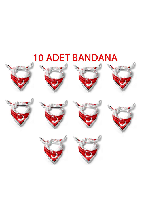 10'LU Paket K.Atatürk İmzalı Türk Bayrağı Desen Bandana/Fular - Kırmızı