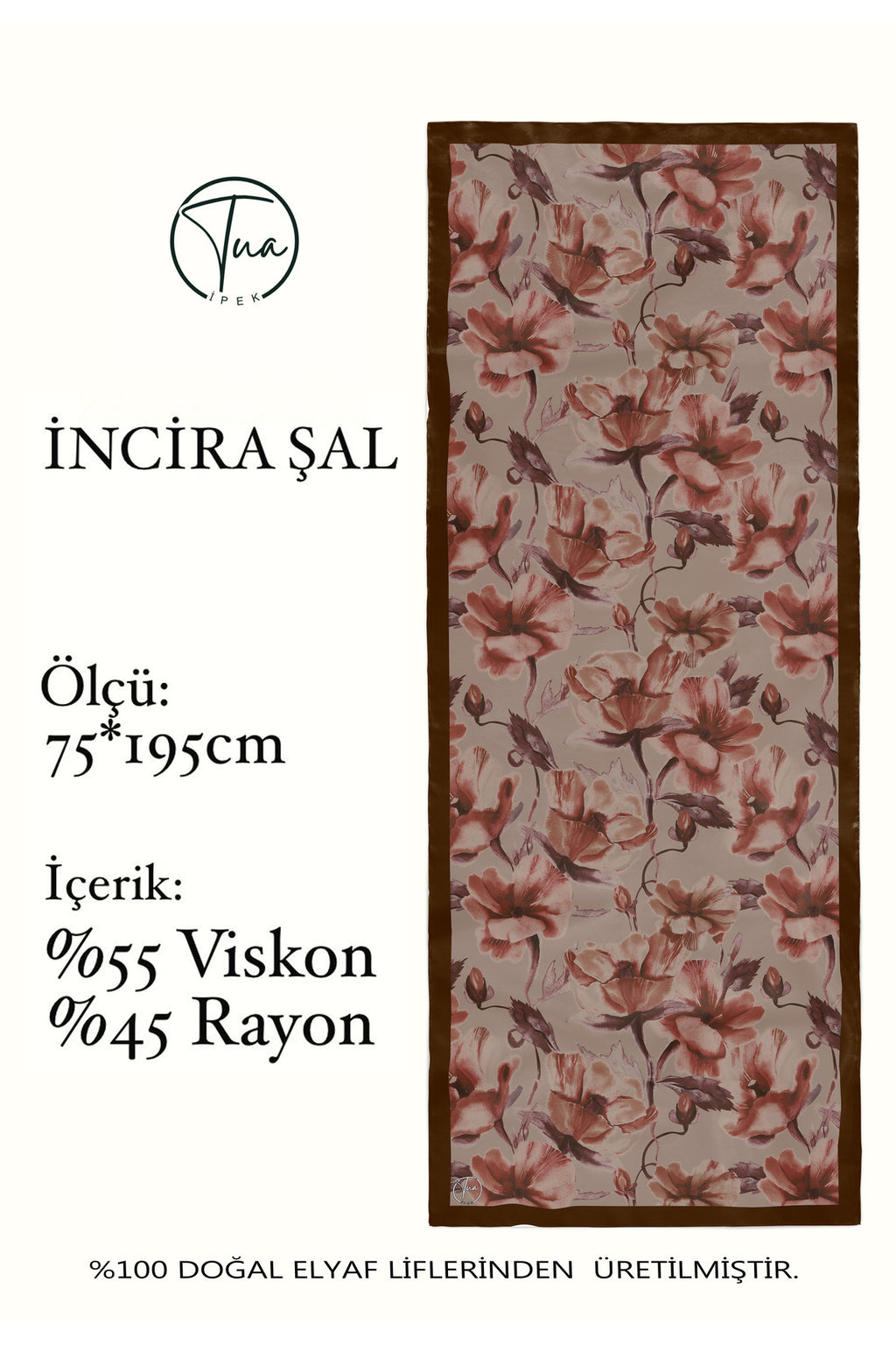 Organic Viscose İpeği İNCİRA ŞAL - Çiçek Desenli - Acı Kahve