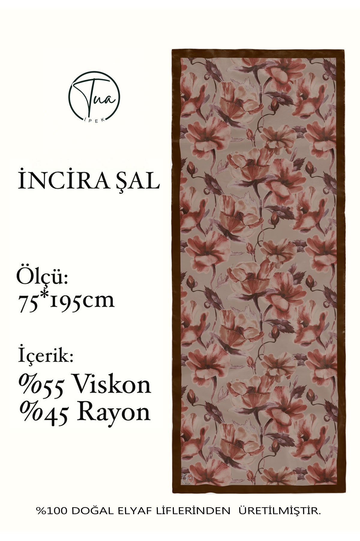 Organic Viscose İpeği İNCİRA ŞAL - Çiçek Desenli - Acı Kahve