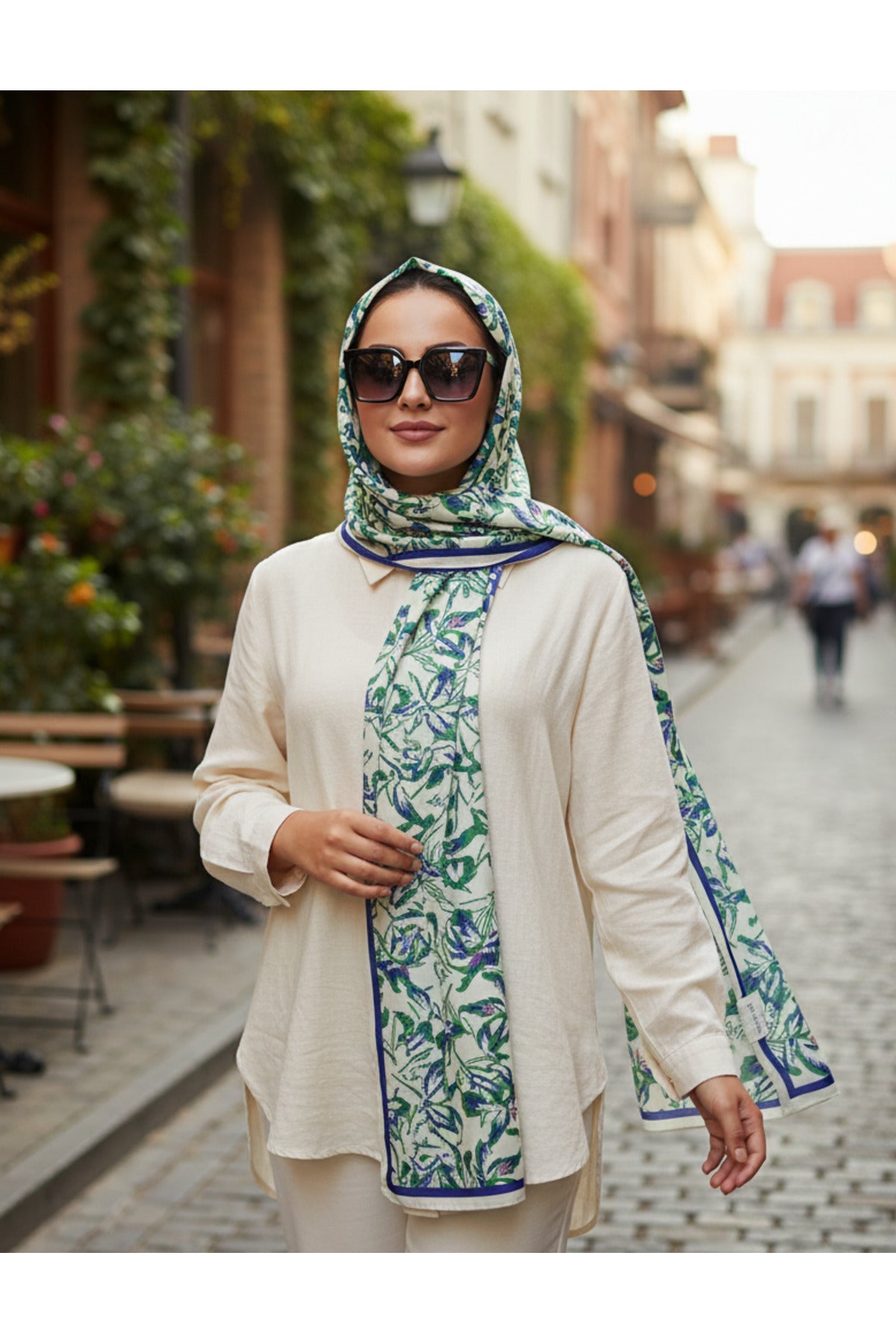 Vivid Floral Desen Pure Touch Koton Şal 75x185cm - EKRU - YEŞİL