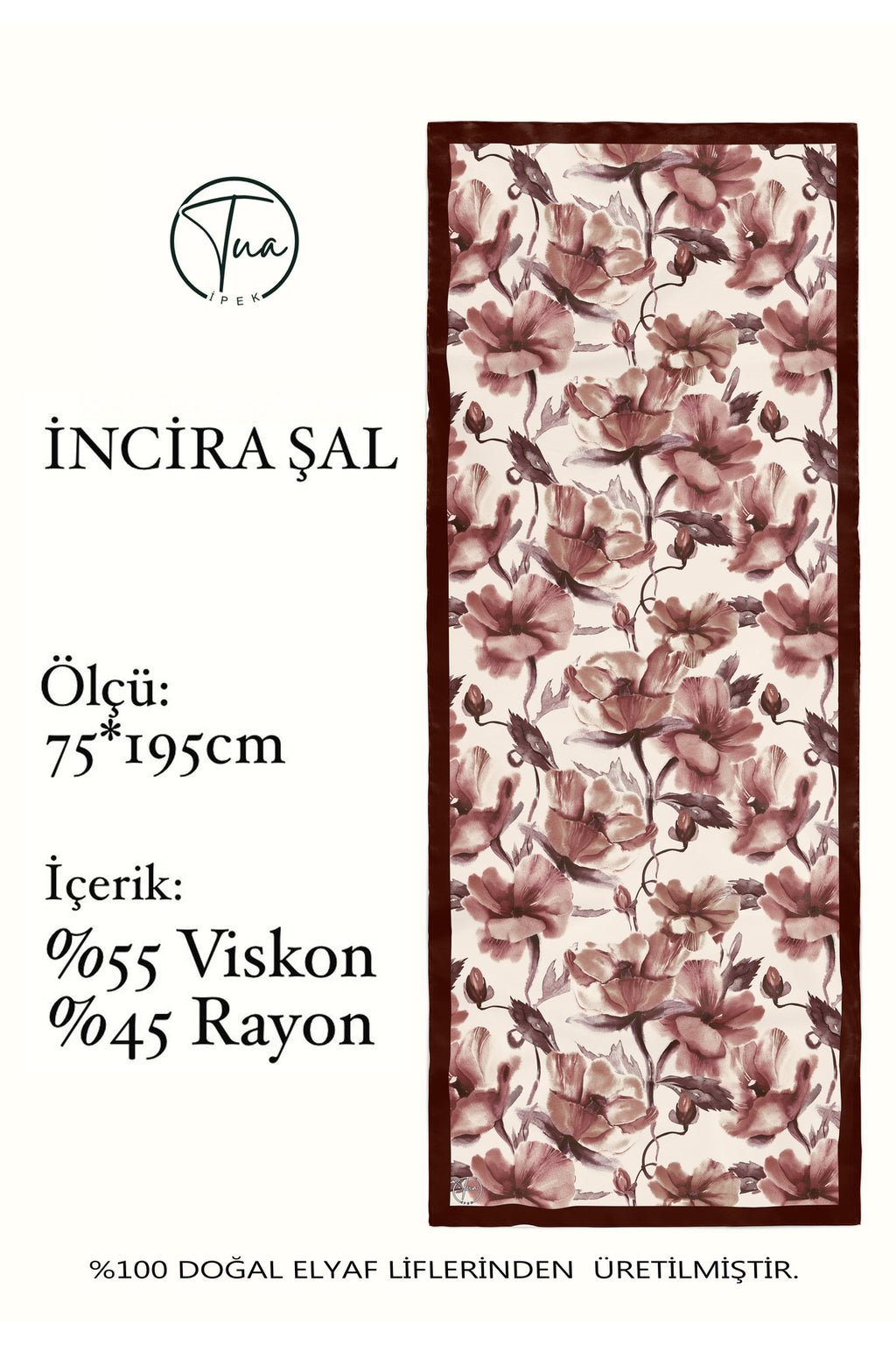 Organic Viscose İpeği İNCİRA ŞAL - Çiçek Desenli - Bordo