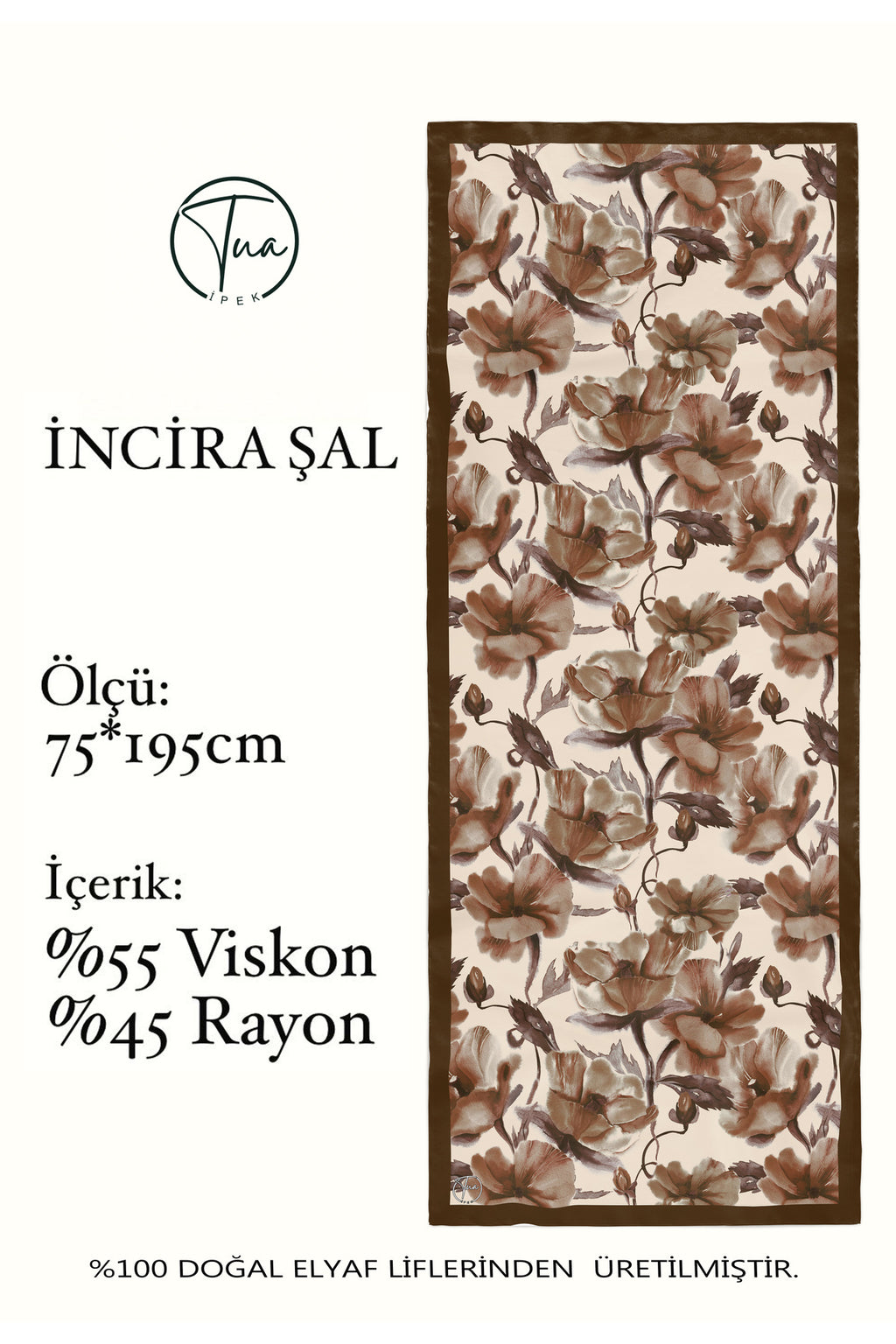 Organic Viscose İpeği İNCİRA ŞAL - Çiçek Desenli - Krem Kahve