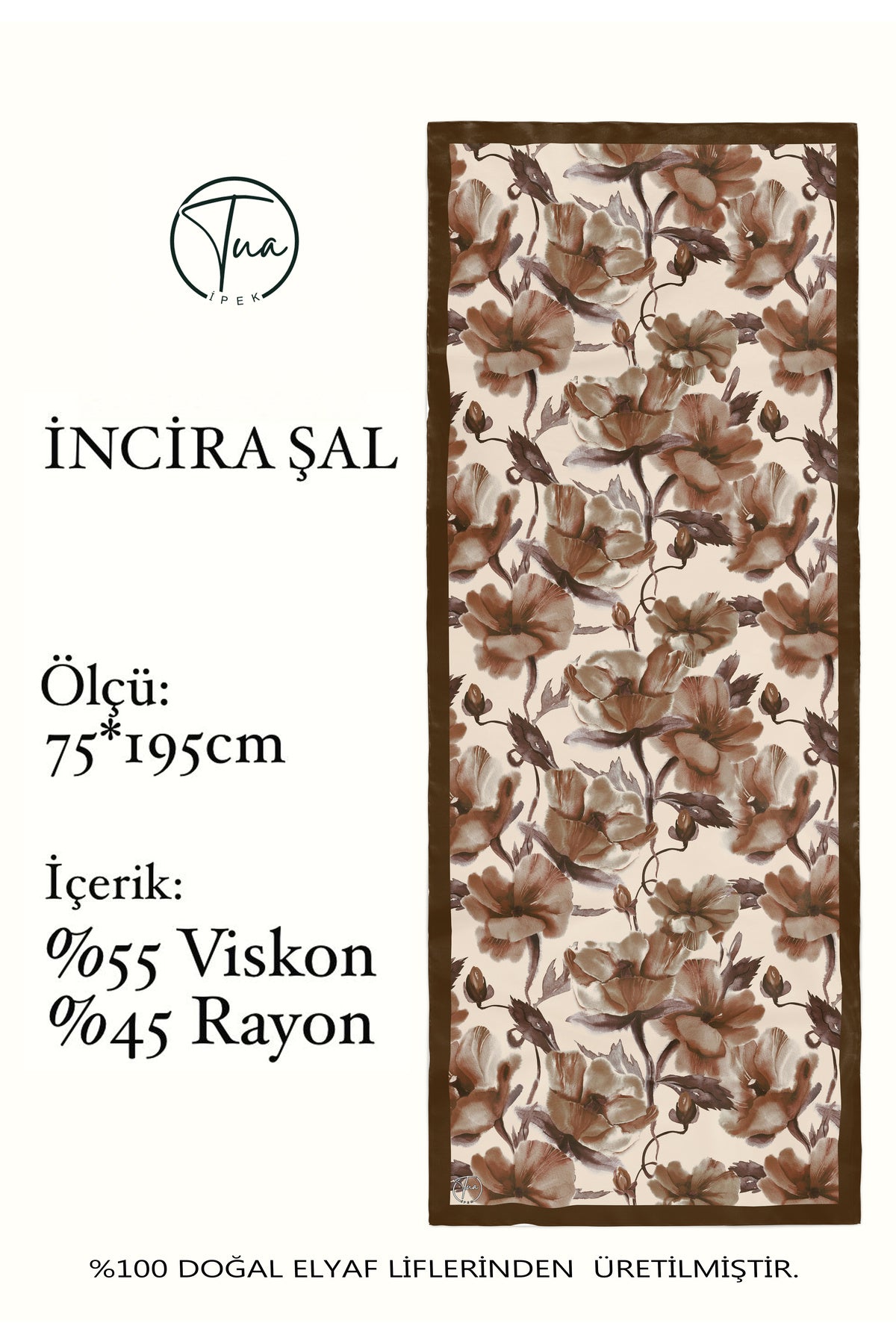 Organic Viscose İpeği İNCİRA ŞAL - Çiçek Desenli - Krem Kahve