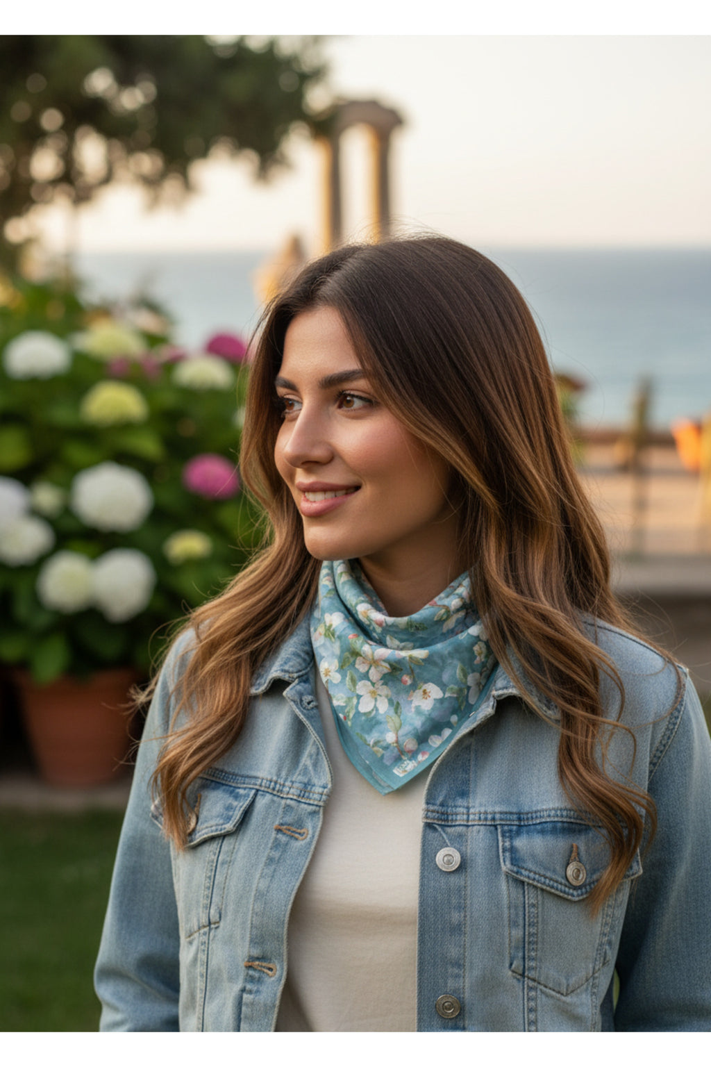 Beyaz Zambak Desen 55x55cm Bandana/Fular - görsel 3