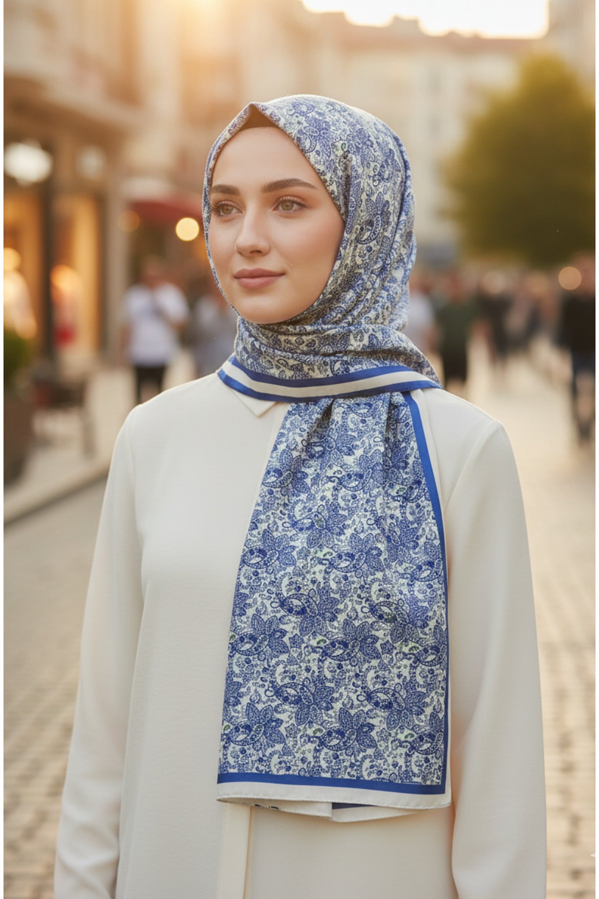 HÜMAYUN Etnik Desen Pure Touch Koton Şal 75x185cm - Mavi