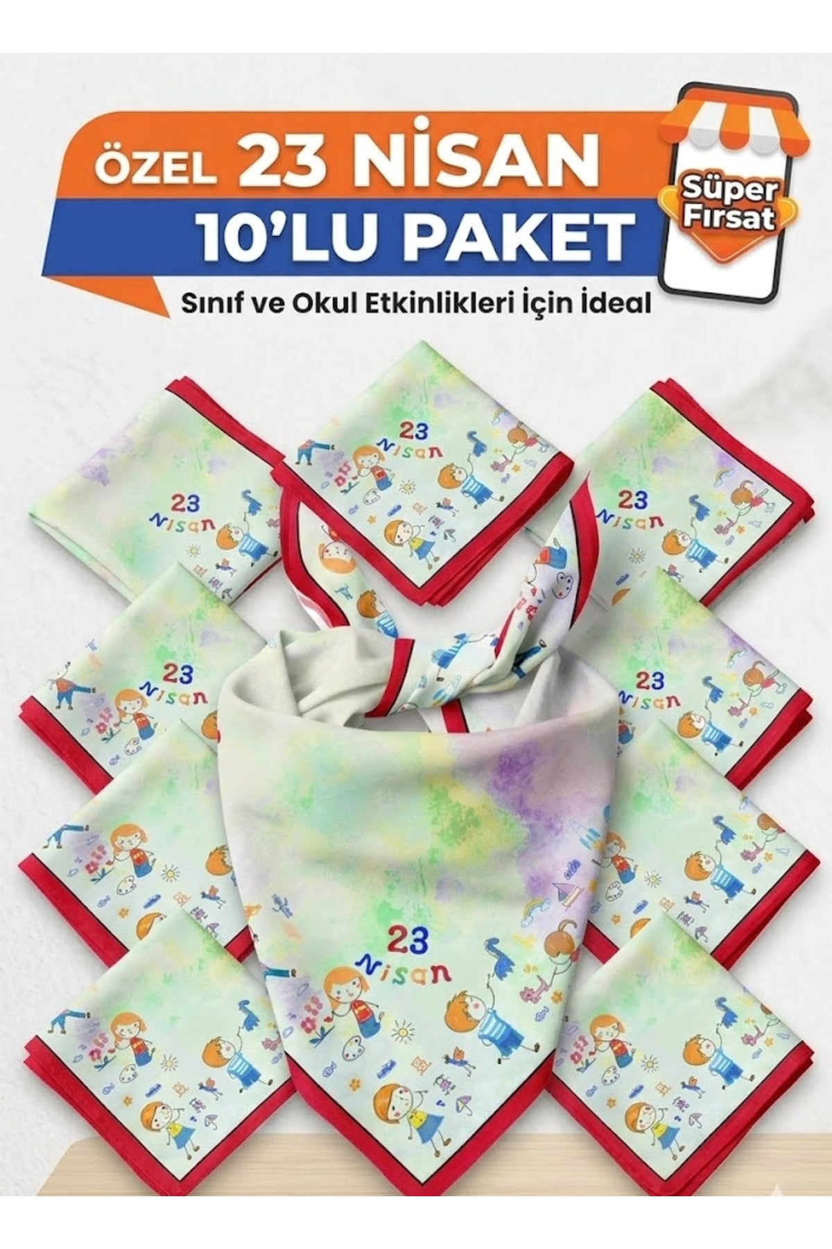 10'lu Paket 23 NİSAN ÇOCUK BAYRAMI TEMALI Bandana/Fular - Kırmızı