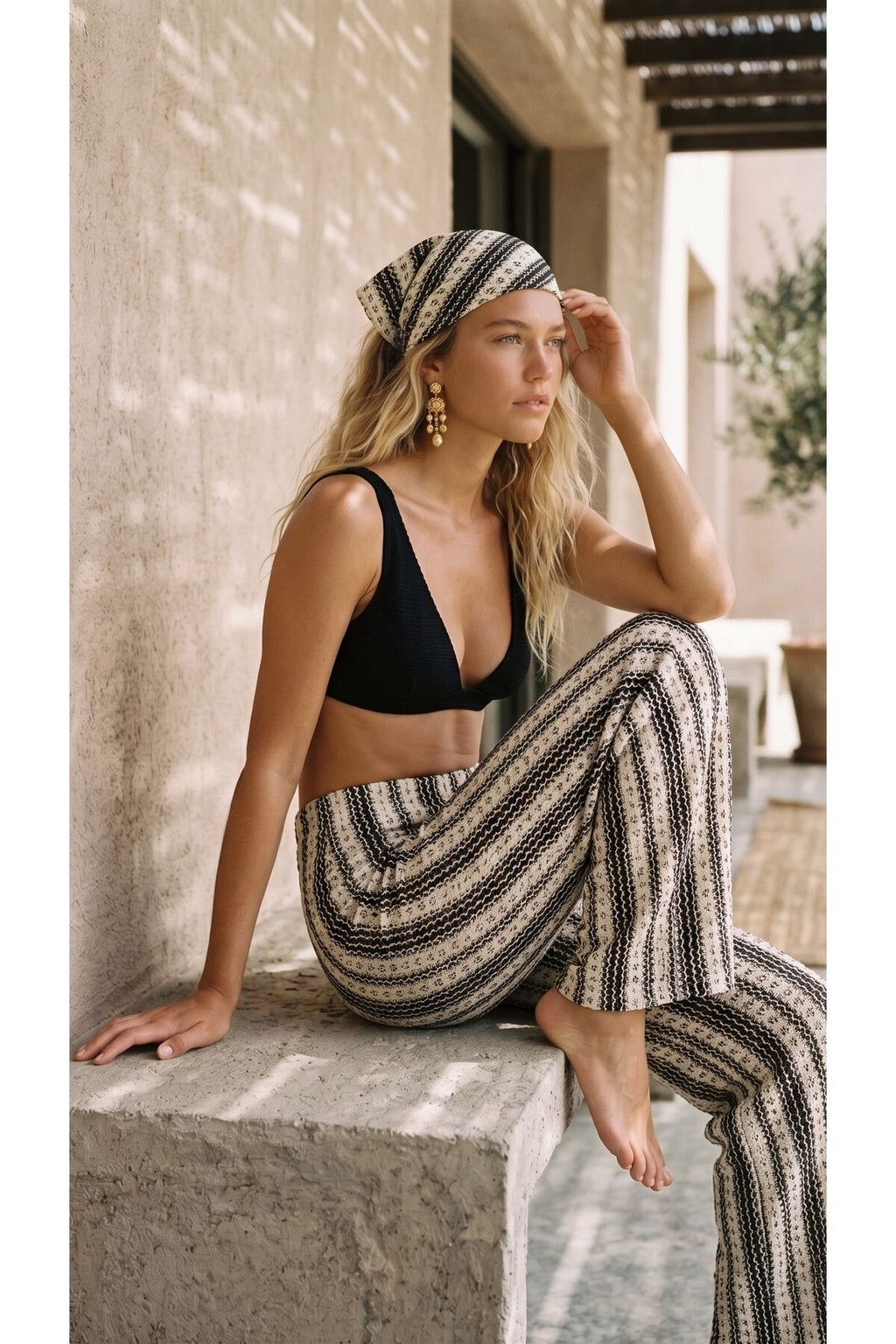 Çizgili Örgü Kadın Rahat Kesim Dökümlü Örme Pantolon Ve Bandana Takım Plaj ve Günlük