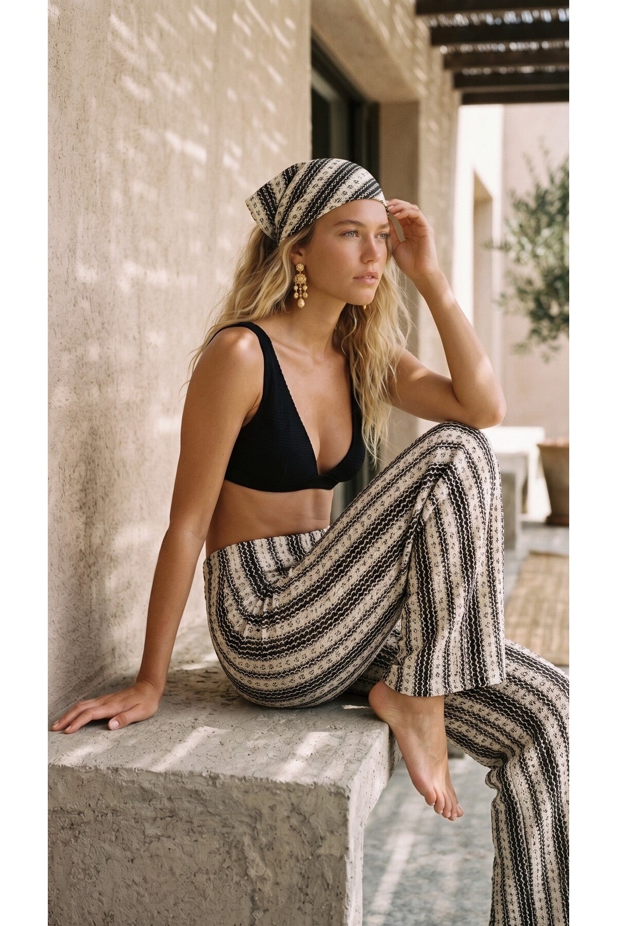 Çizgili Örgü Kadın Rahat Kesim Dökümlü Örme Pantolon Ve Bandana Takım Plaj ve Günlük