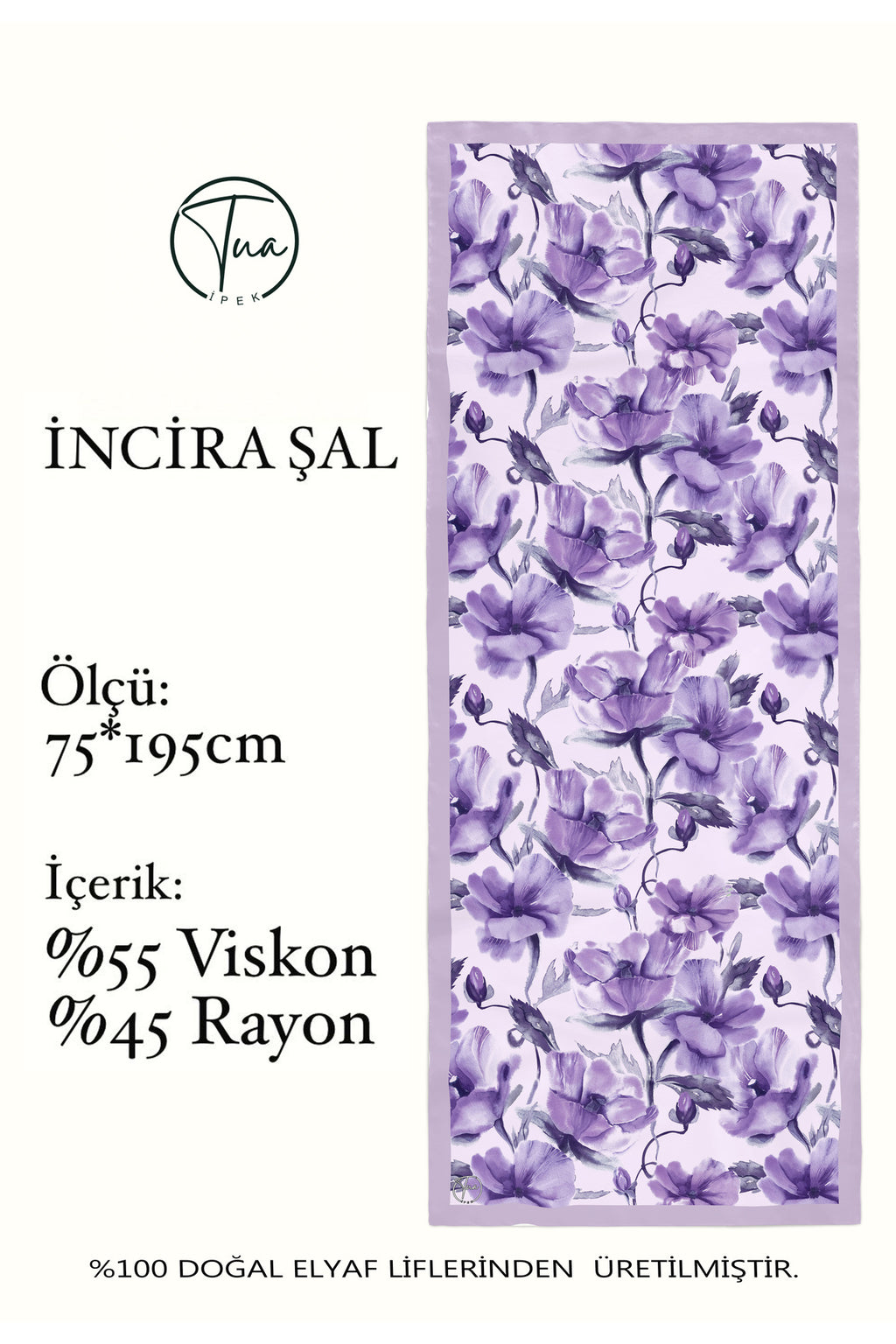 Organic Viscose İpeği İNCİRA ŞAL - Çiçek Desenli - SOFT LİLA