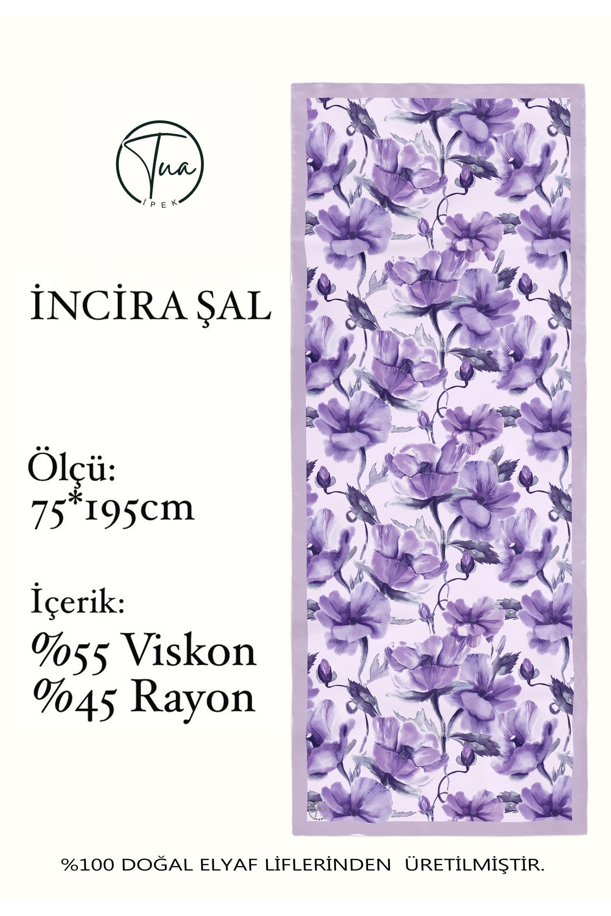 Organic Viscose İpeği İNCİRA ŞAL - Çiçek Desenli - SOFT LİLA