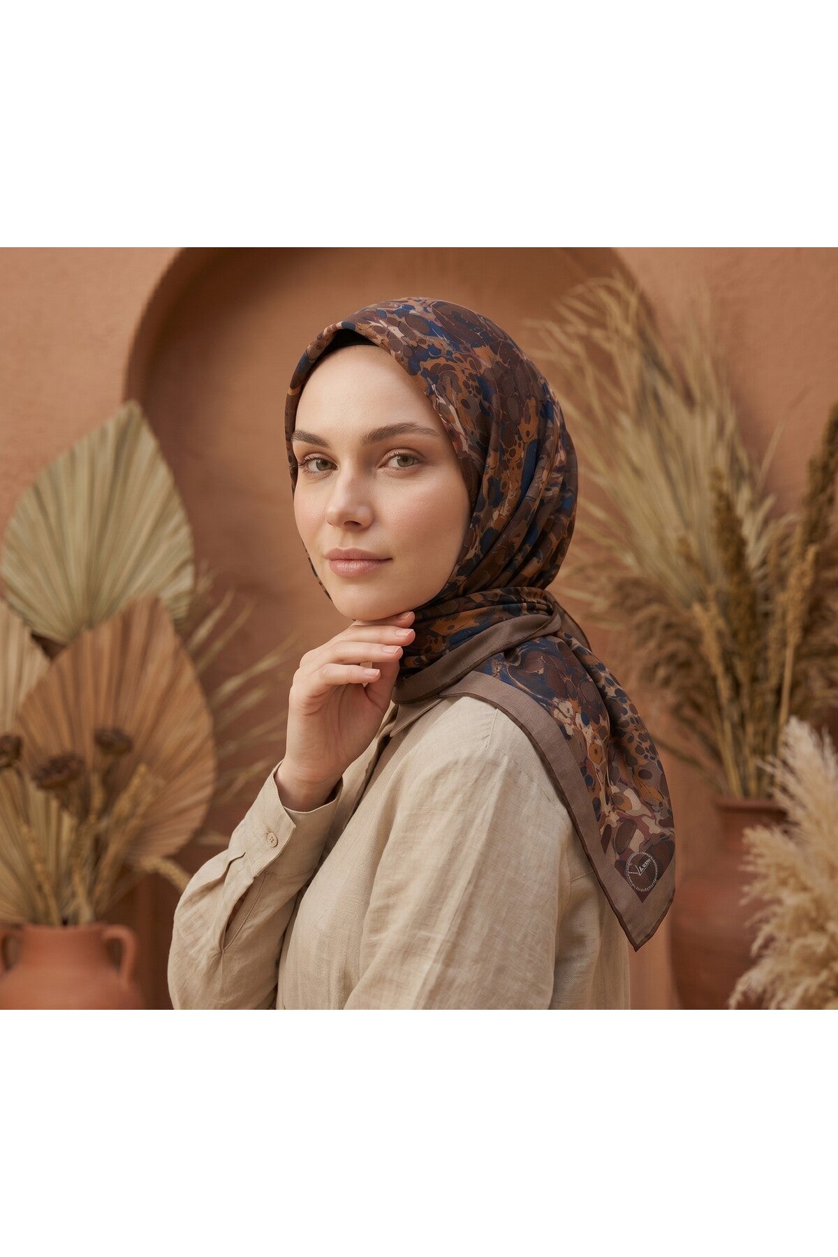 OCHRE Desen 90X90cm Matte Cotton Eşarp - KAHVE - LACİ