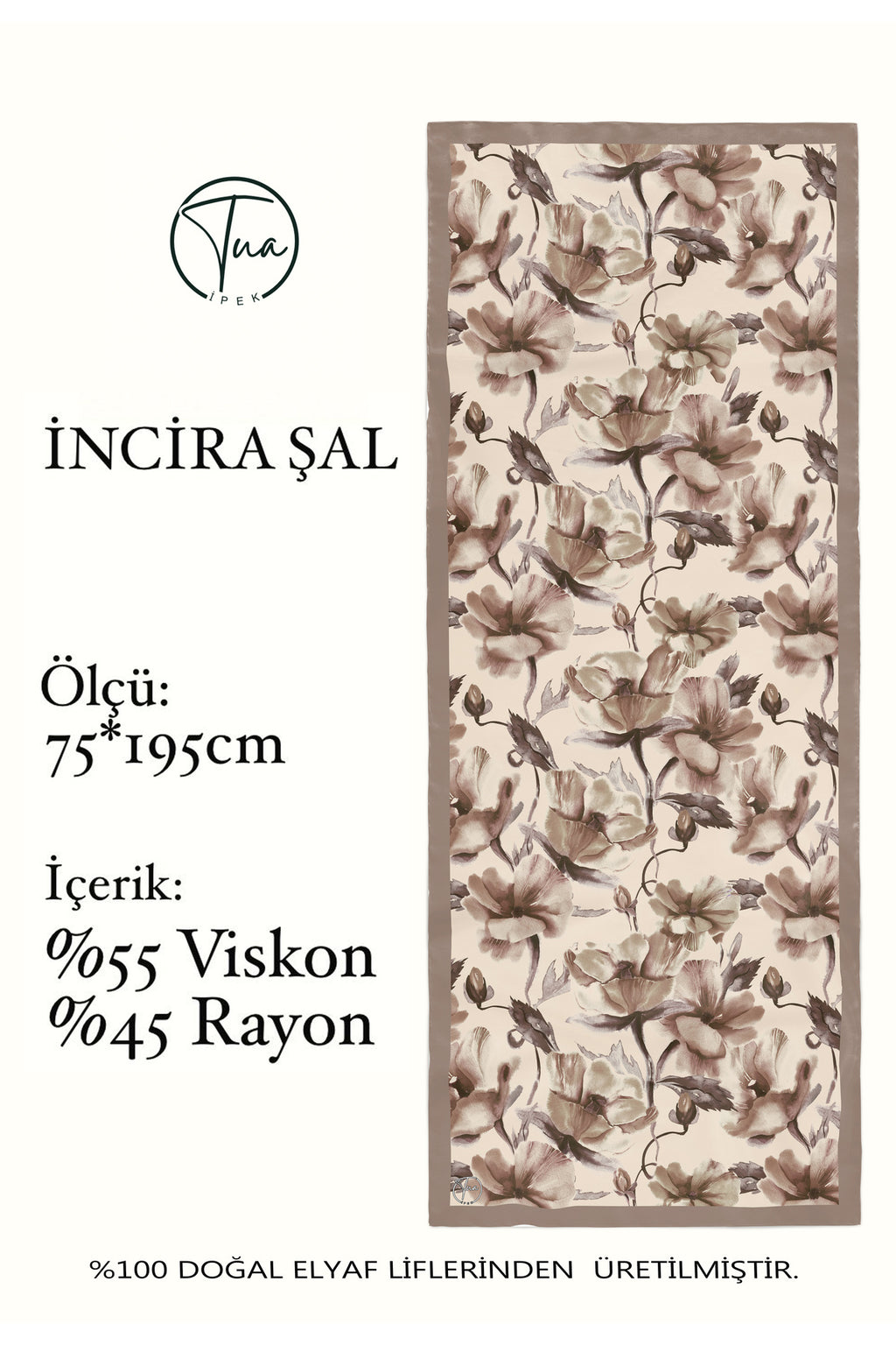 Organic Viscose İpeği İNCİRA ŞAL - Çiçek Desenli - Vizon Kahve