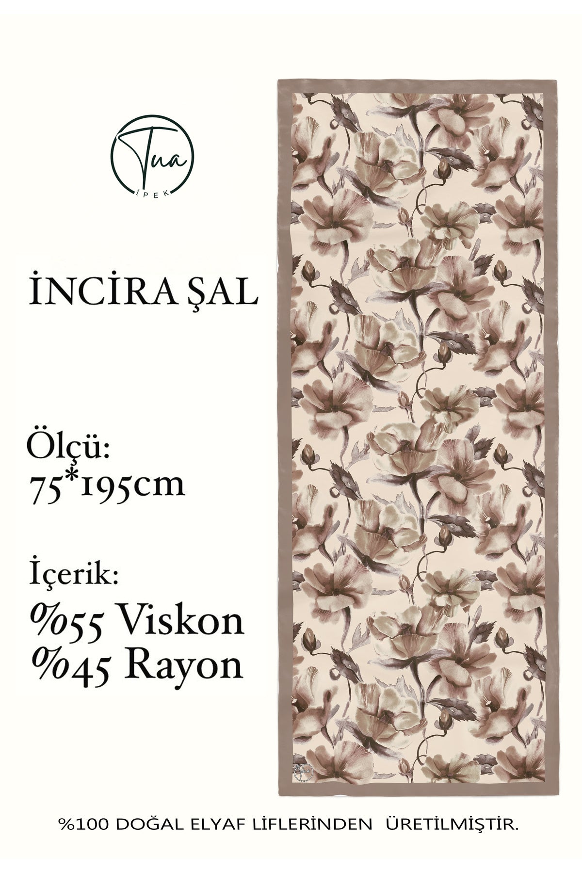 Organic Viscose İpeği İNCİRA ŞAL - Çiçek Desenli - Vizon Kahve