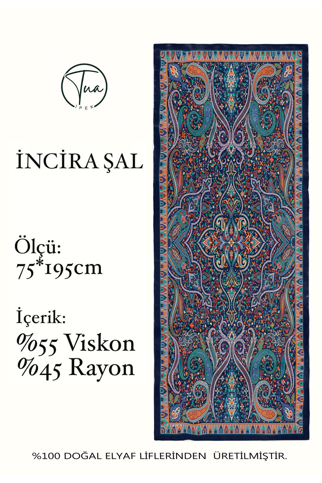 İncira Organic Floş Viskon Şal 75x195cm - Etnik Çiçek Desenli - görsel 2