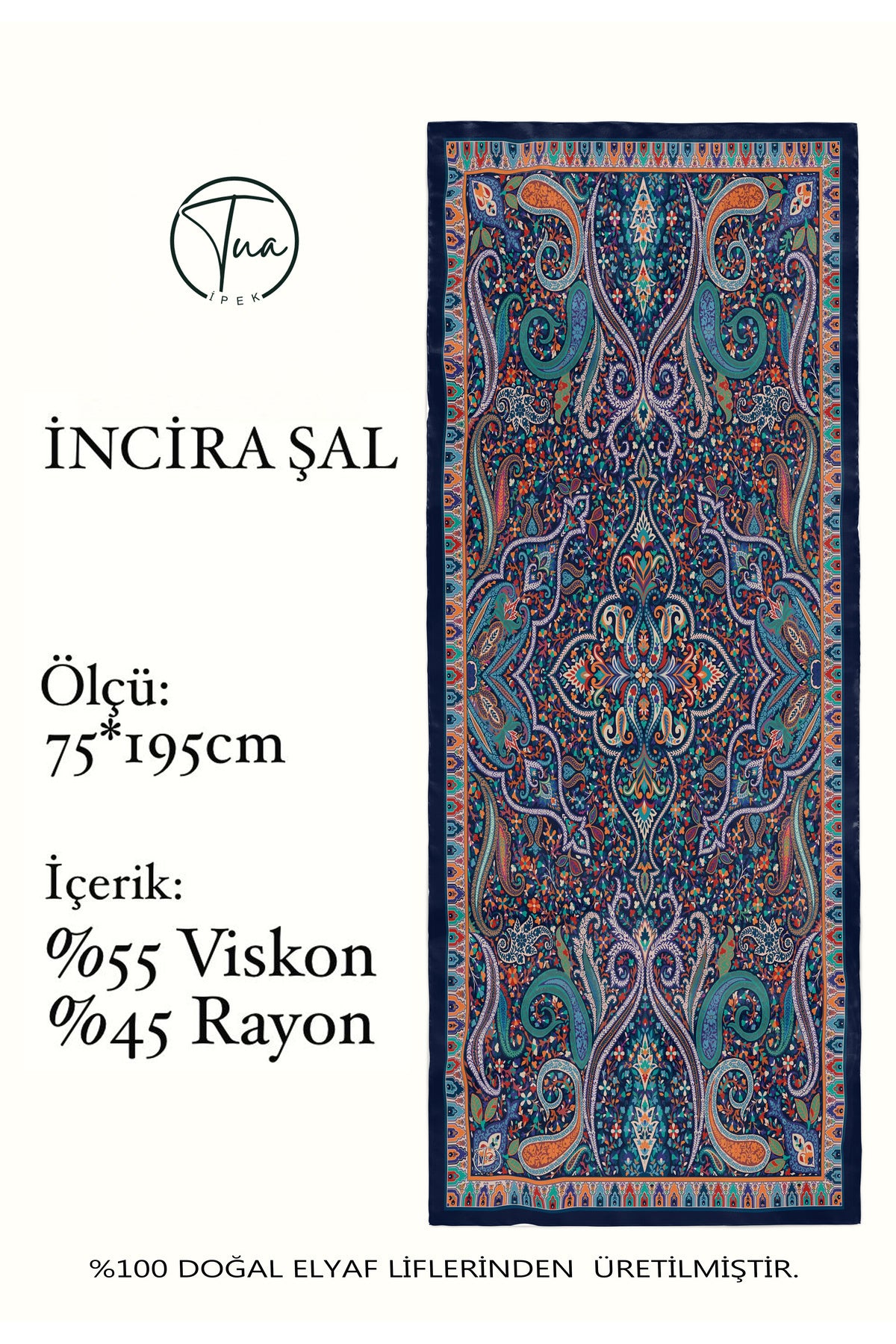İncira Organic Floş Viskon Şal 75x195cm - Etnik Çiçek Desenli - görsel 2