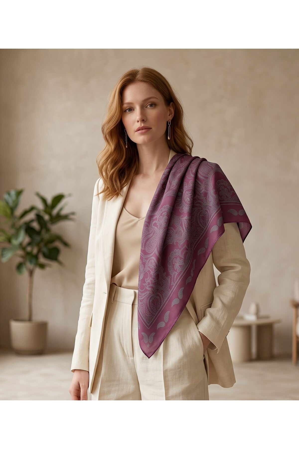 Lumivera Desen 94X94cm Viskon Modal Eşarp - Bordo-Gri