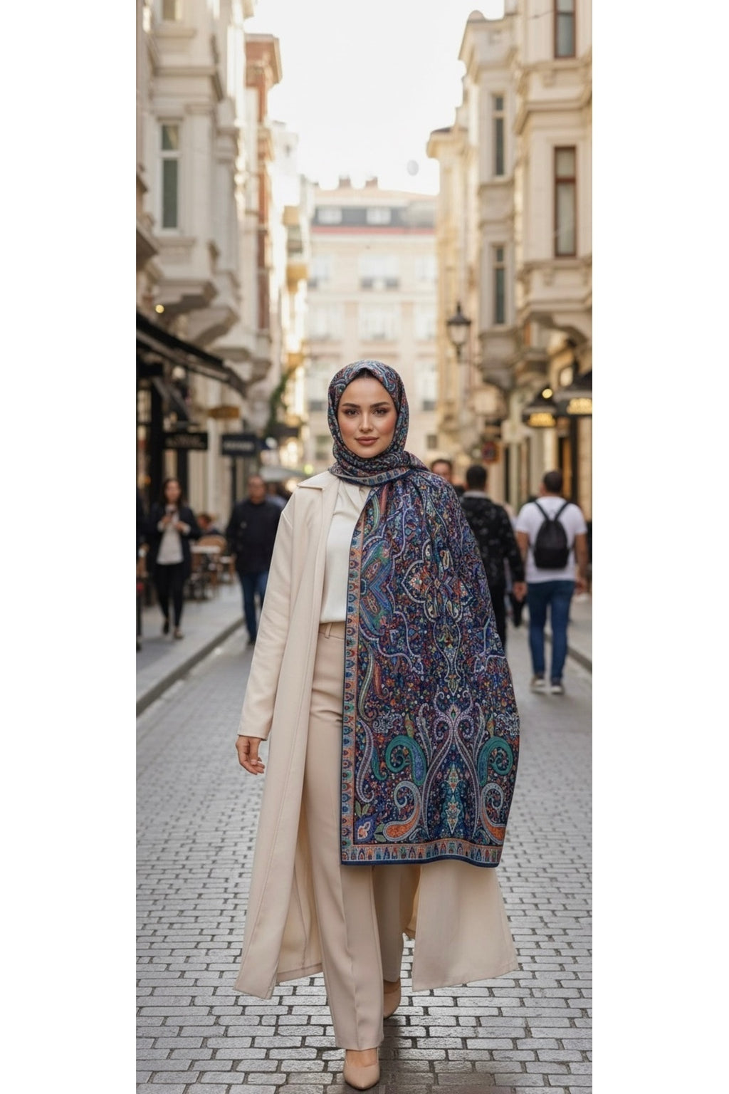 İncira Organic Floş Viskon Şal 75x195cm - Etnik Çiçek Desenli - Lacivert