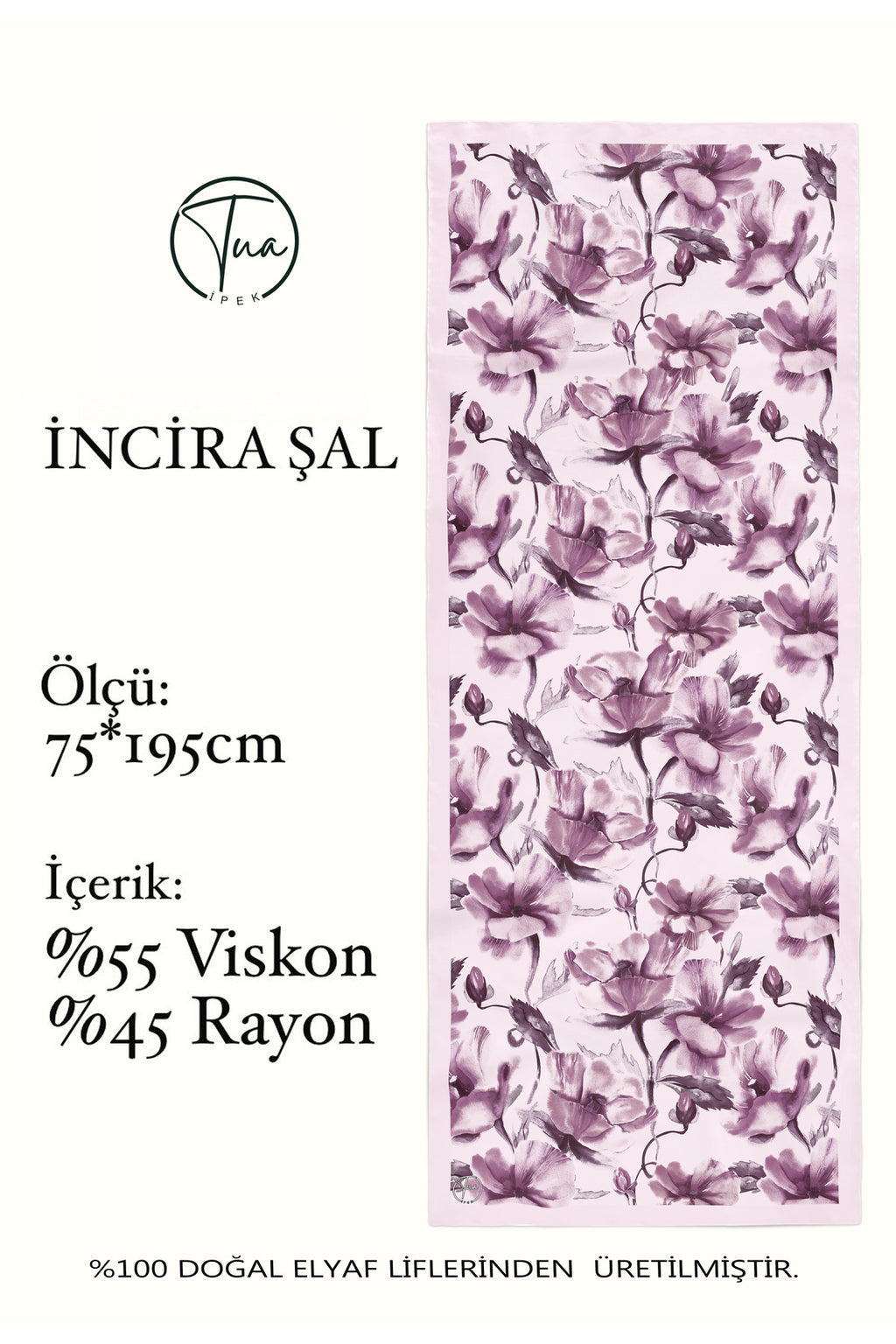 Organic Viscose İpeği İNCİRA ŞAL - Çiçek Desenli - Pudra Pembe