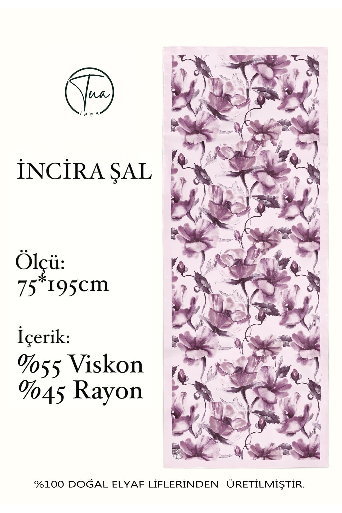 Organic Viscose İpeği İNCİRA ŞAL - Çiçek Desenli - Pudra Pembe