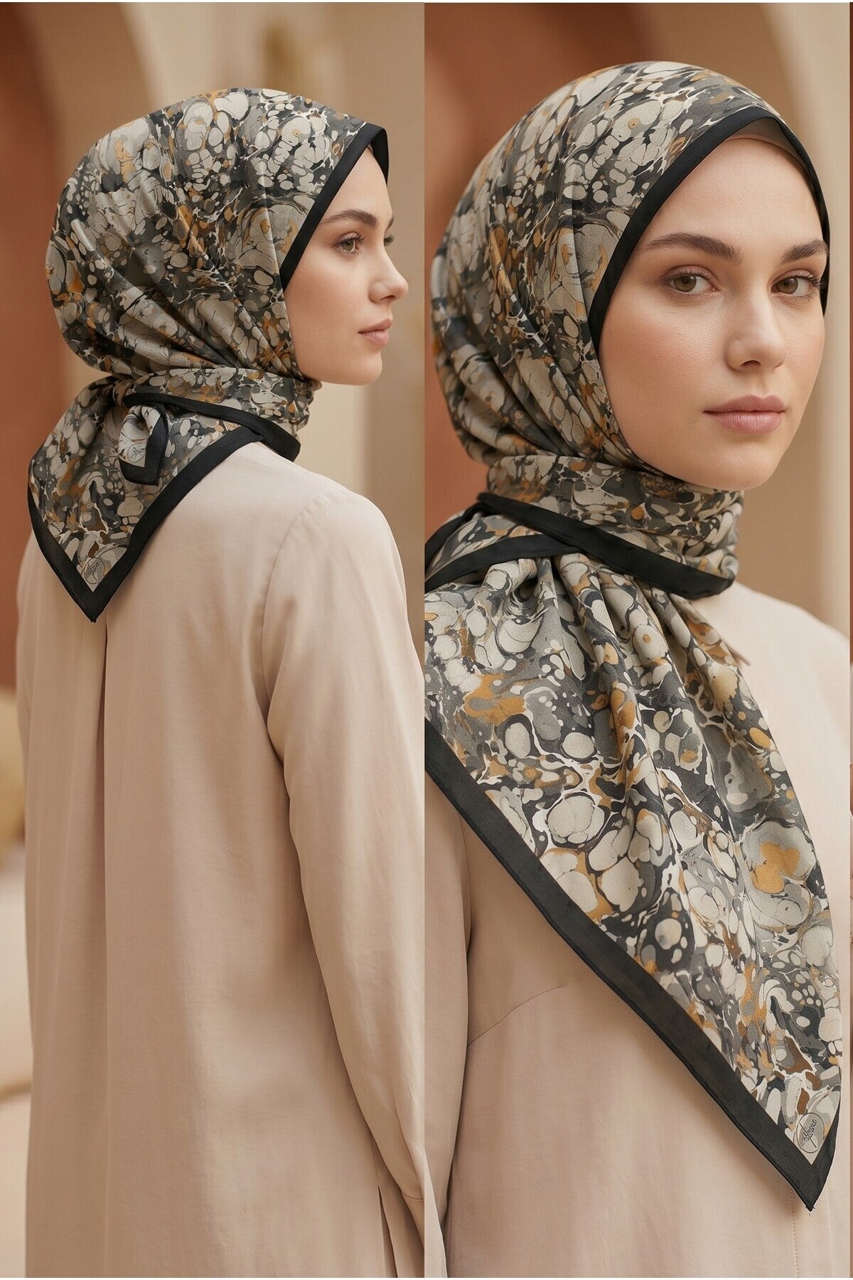 OCHRE Desen 90X90cm Matte Cotton Eşarp - SİYAH - VİZON