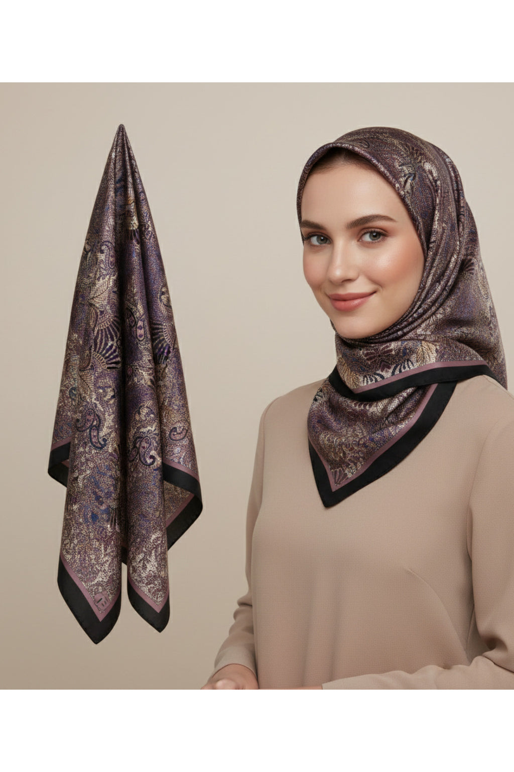 EFSUN Desen 90X90cm Eşarp/Fular - SİYAH-MÜRDÜM