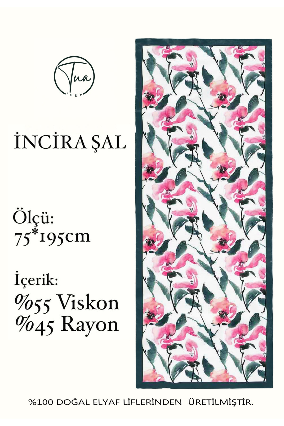 Organic Viscose İpeği İNCİRA ŞAL - FLoral Desenli - Açık Petrol