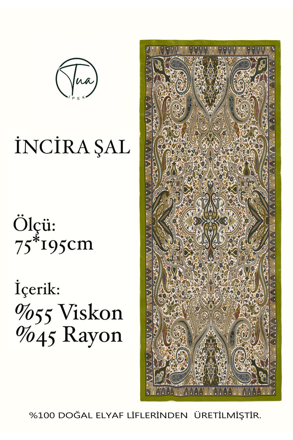 İNCİRA Organic Floş Viskon ŞAL - Etnik Çiçek Desenli - Yağ Yeşil