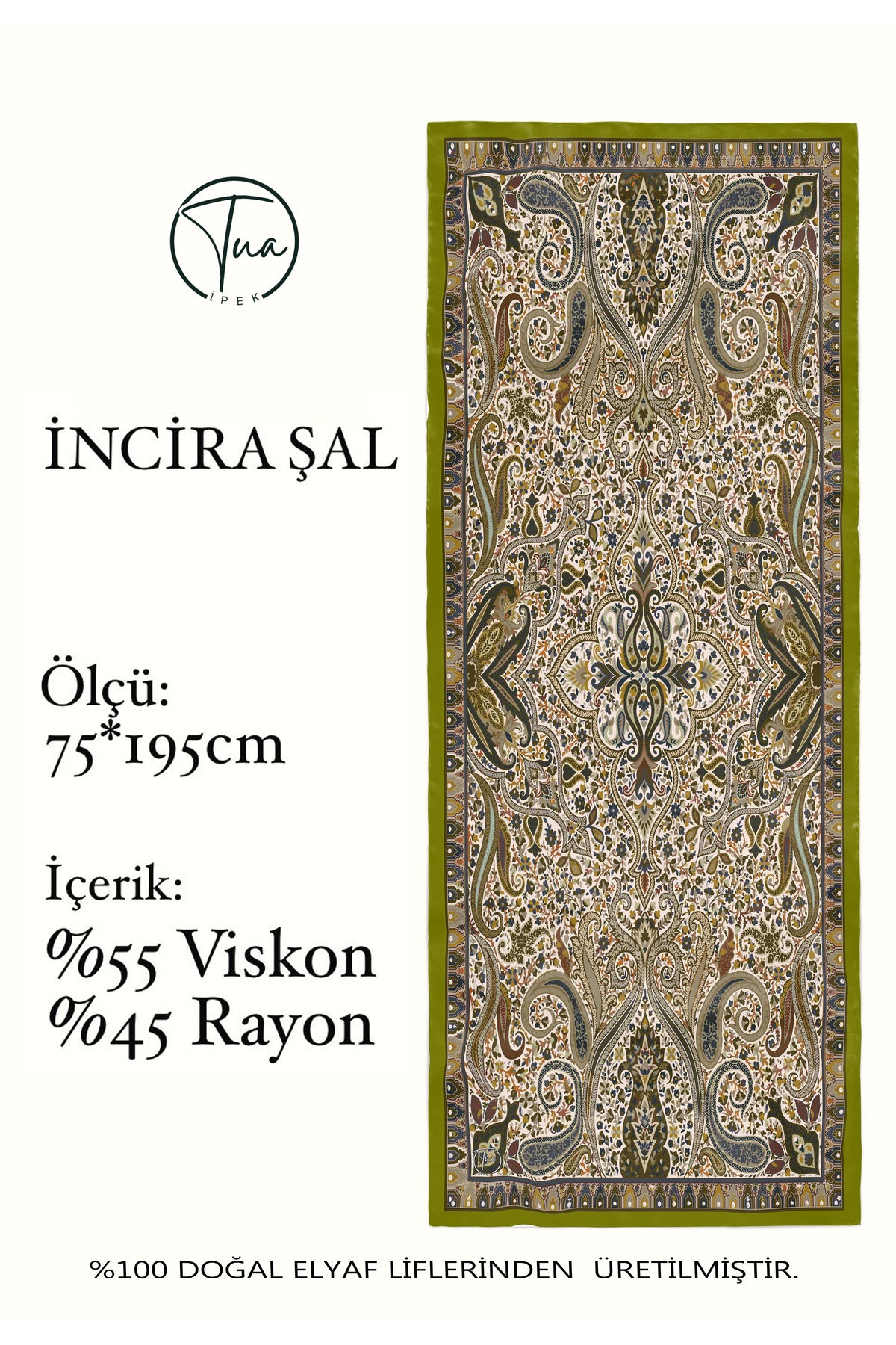 İNCİRA Organic Floş Viskon ŞAL - Etnik Çiçek Desenli - Yağ Yeşil