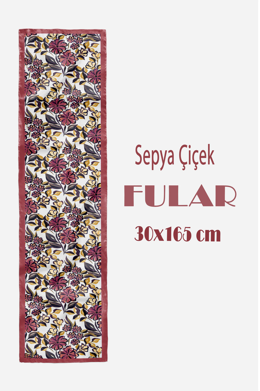 SEPYA ÇİÇEK Desen Şık & Zarif Kadın Aksesuarı Saten Fular 30x165cm - görsel 2