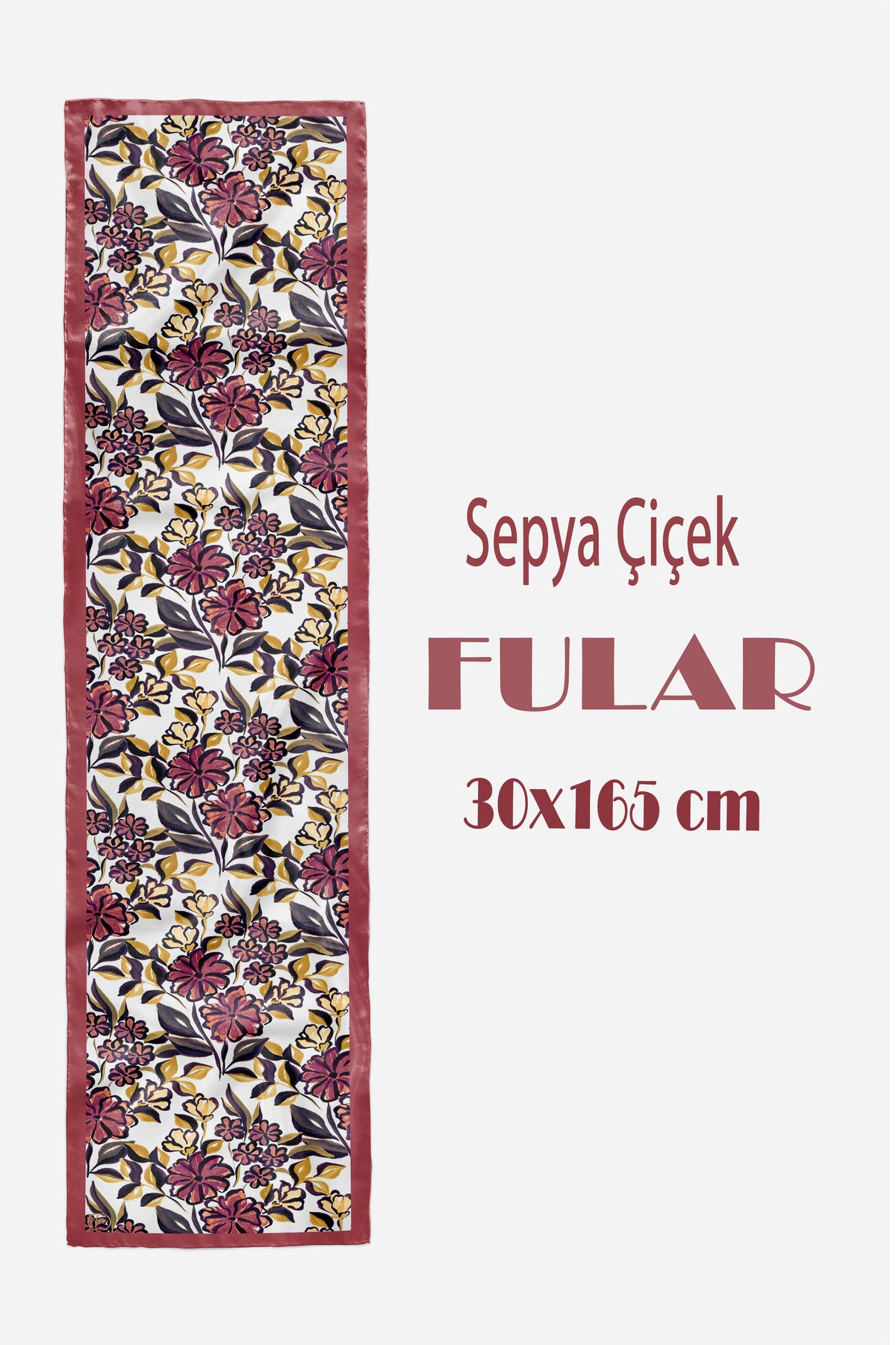 SEPYA ÇİÇEK Desen Şık & Zarif Kadın Aksesuarı Saten Fular 30x165cm - görsel 2
