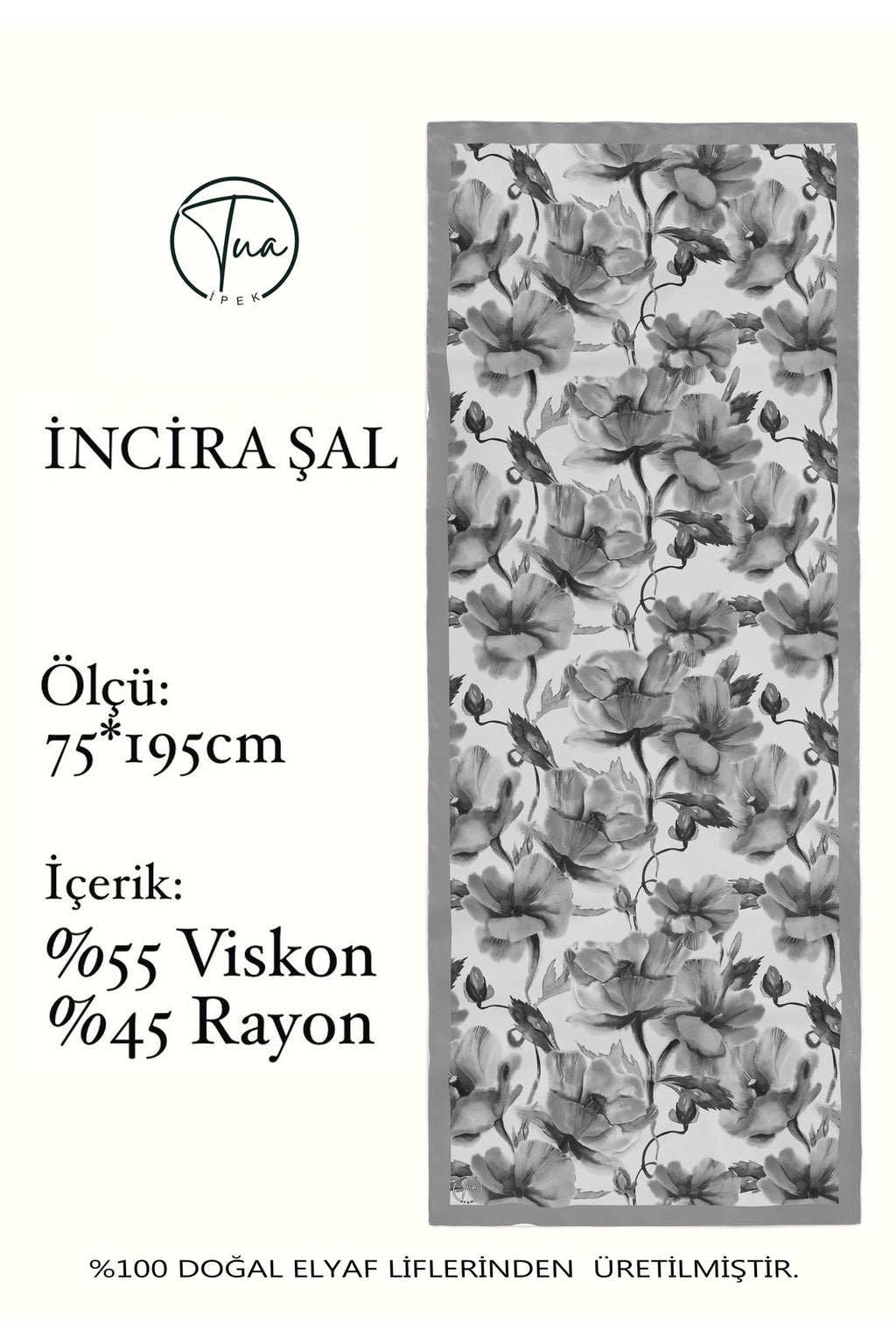 Organic Viscose İpeği İNCİRA ŞAL - Çiçek Desenli - Gri