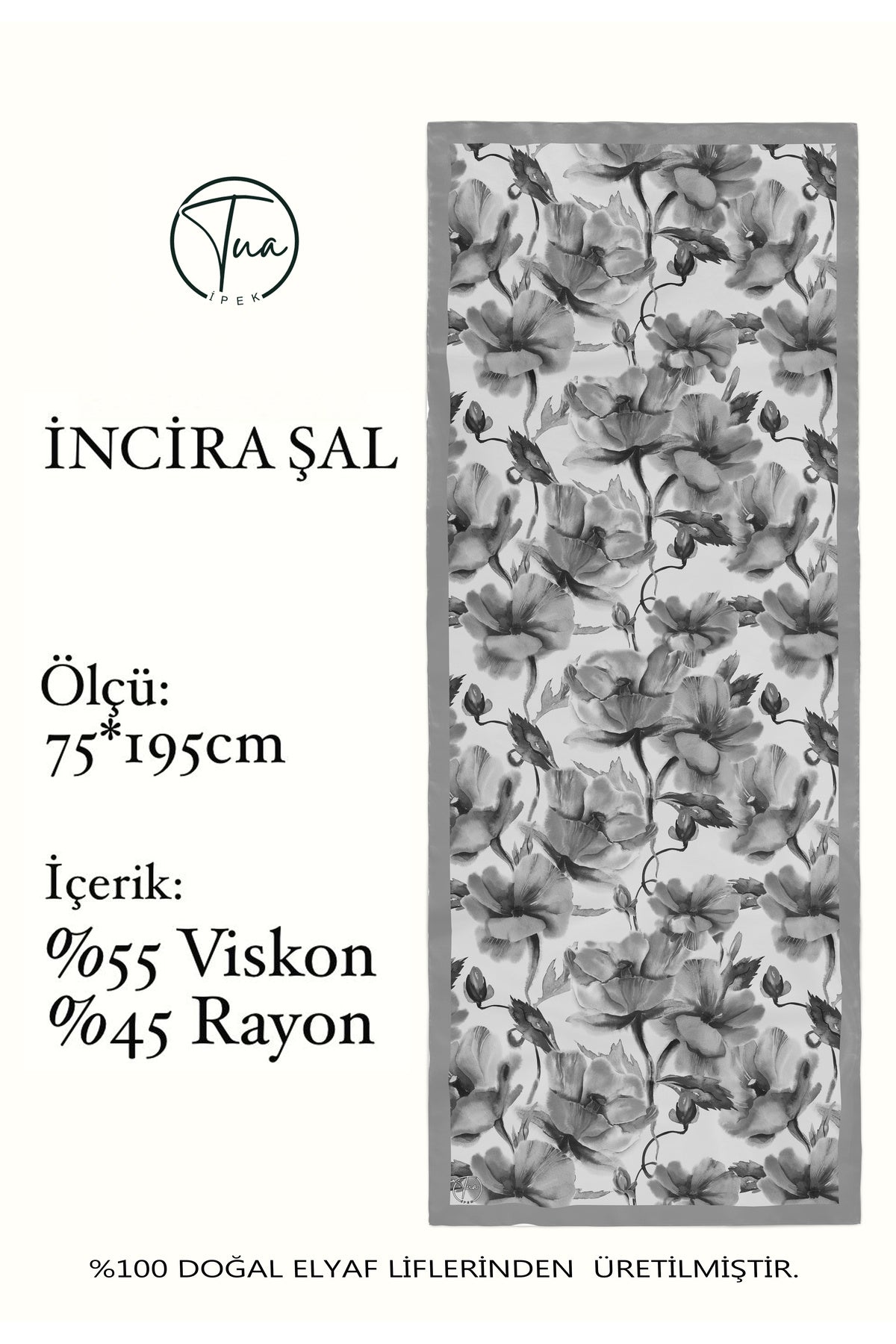 Organic Viscose İpeği İNCİRA ŞAL - Çiçek Desenli - Gri