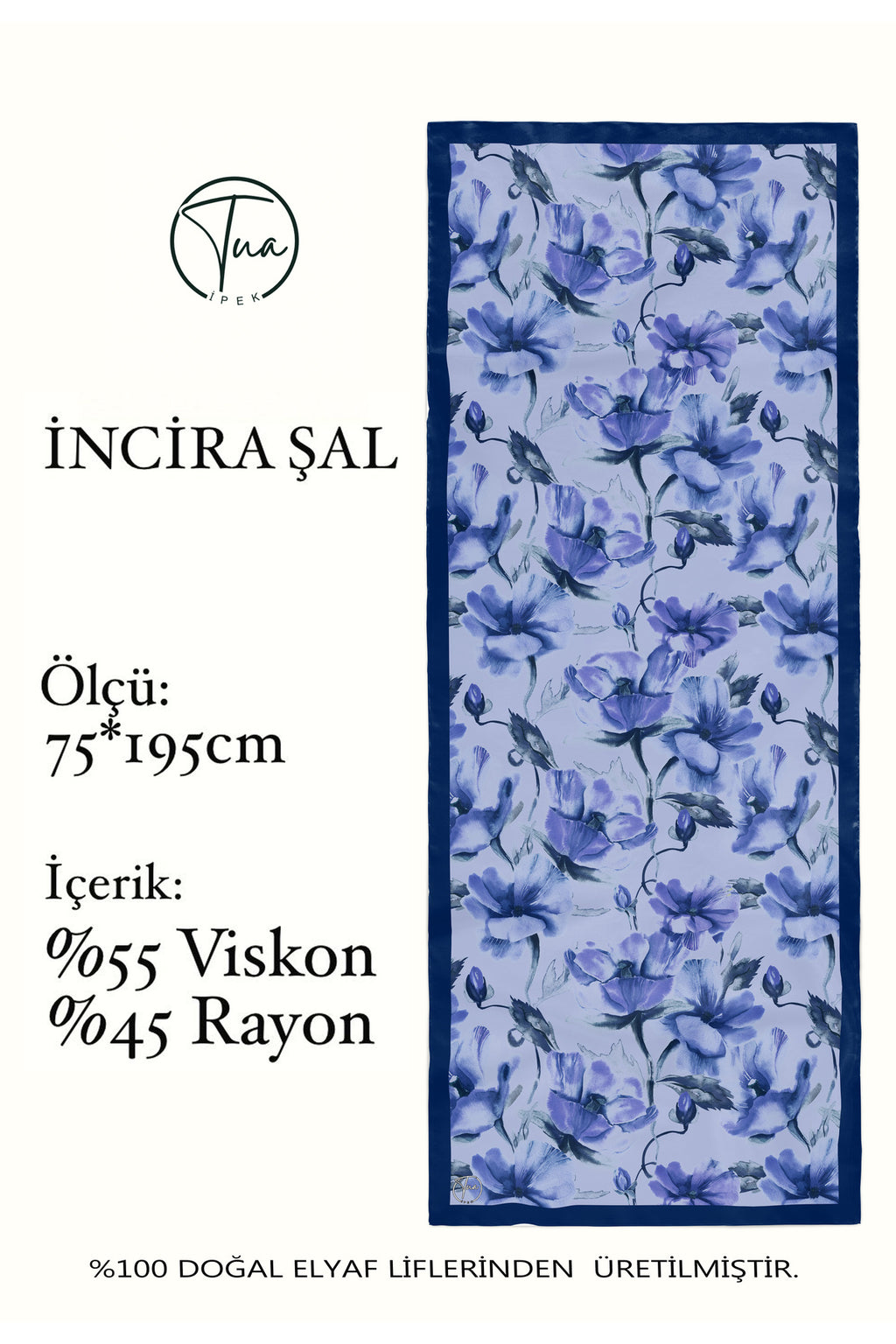 Organic Viscose İpeği İNCİRA ŞAL - Çiçek Desenli - Soft Mavi