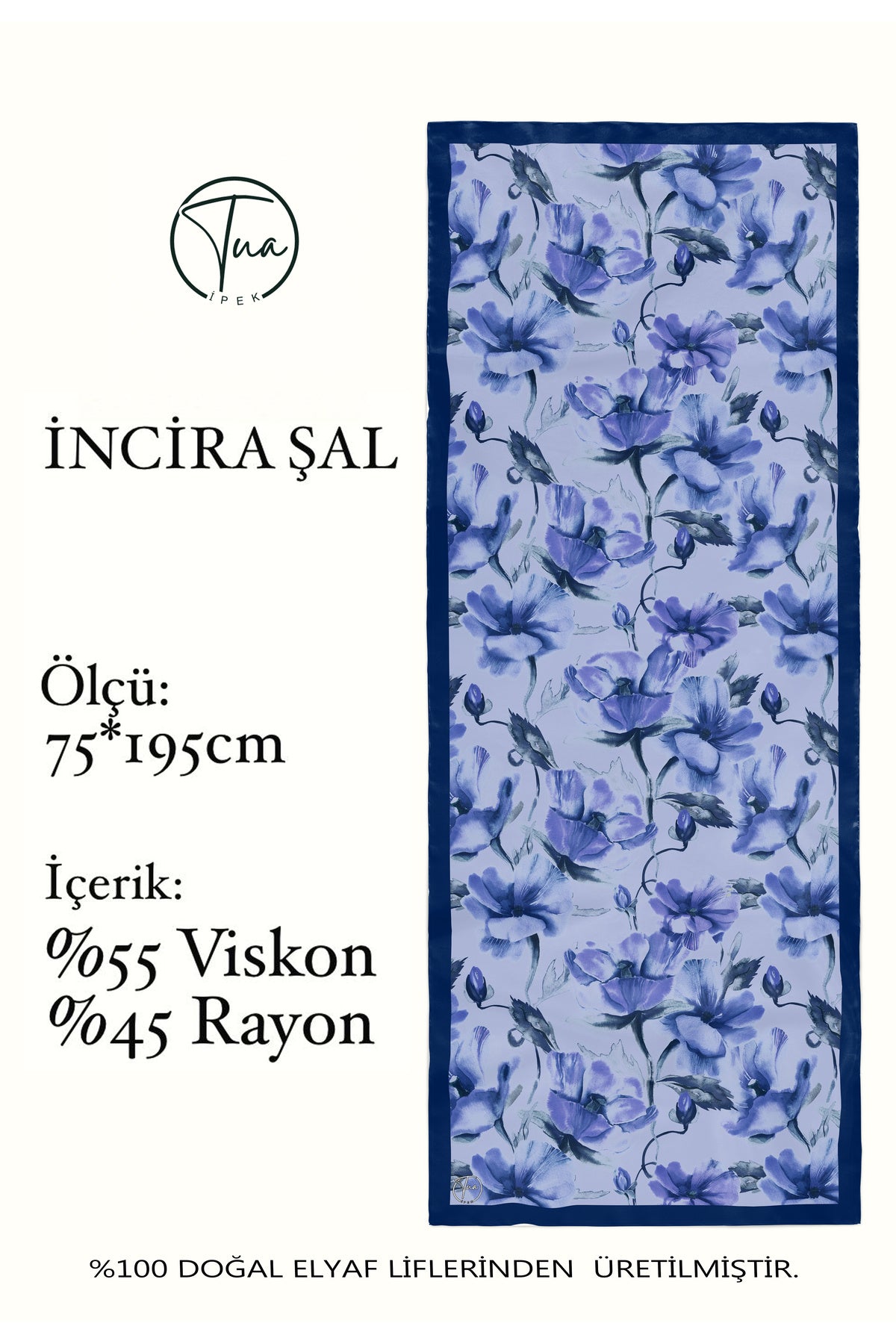 Organic Viscose İpeği İNCİRA ŞAL - Çiçek Desenli - Soft Mavi
