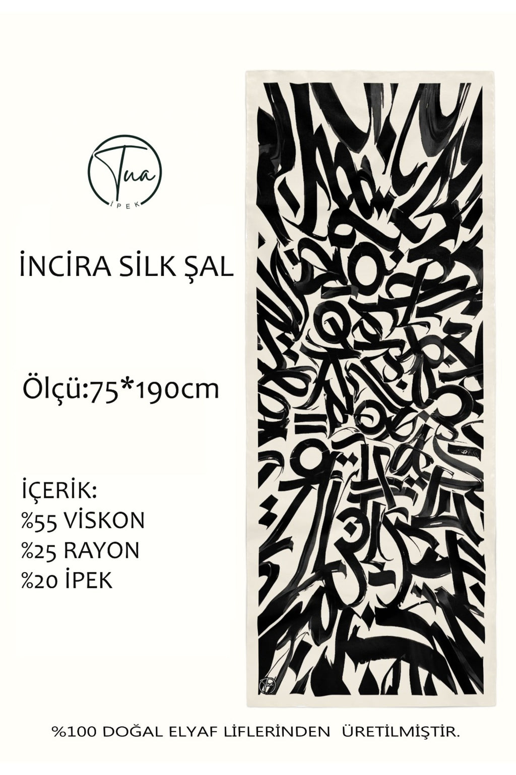Organic İNCİRA DUT İPEĞİ/VİSCOSE ŞAL - Hat Desenli - Krem-Siyah