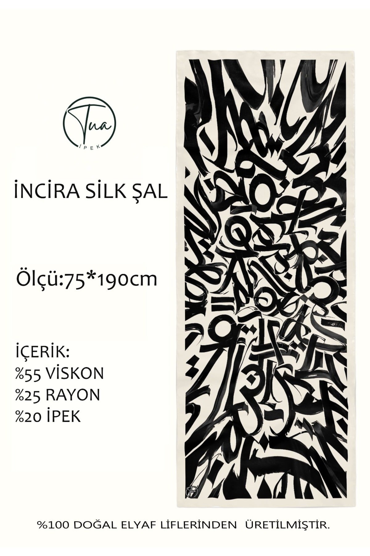 Organic İNCİRA DUT İPEĞİ/VİSCOSE ŞAL - Hat Desenli - Krem-Siyah